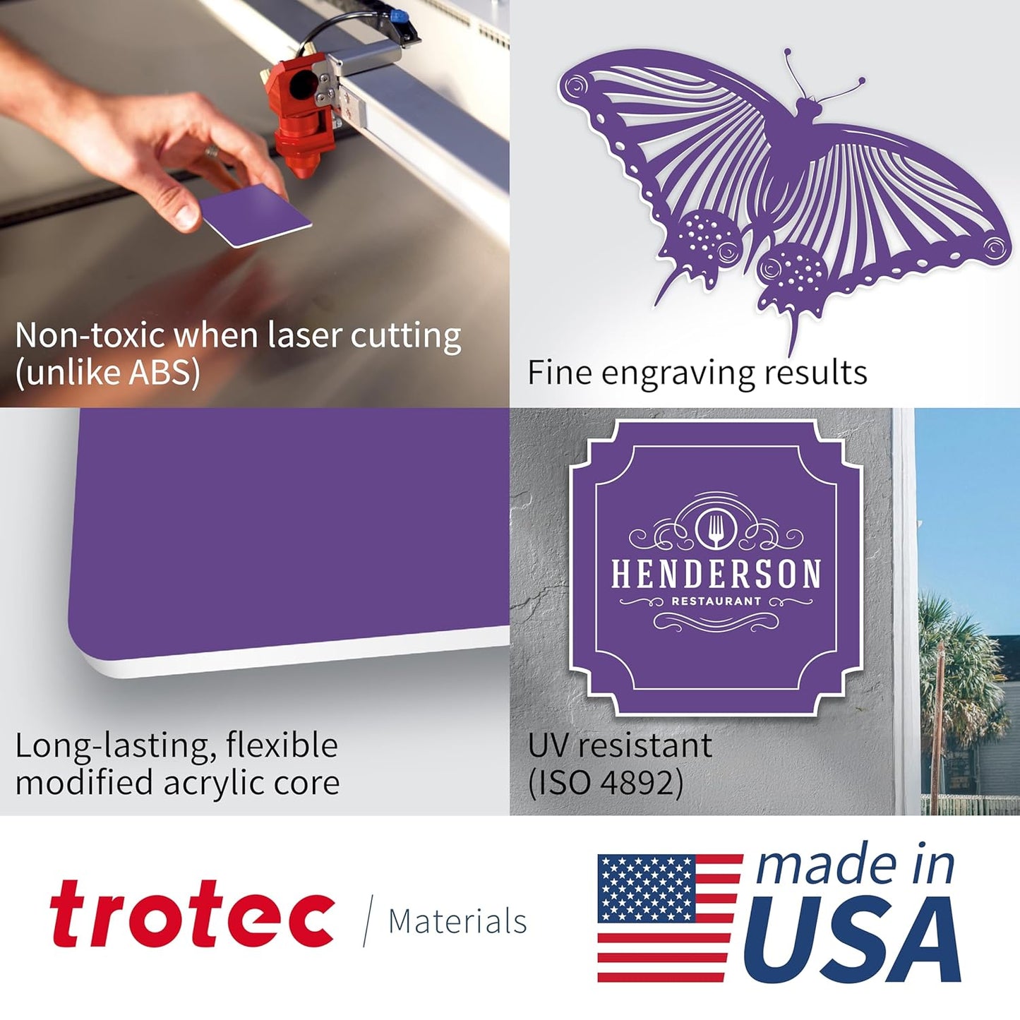 Trotec TroLase | 12"x12"x1/16", 8 Pcs | Purple/White | 2 Ply | Modified Acrylic | Laser Engraving Double Color Plastic Sheet | Engraving Blanks for Laser, Saw, Guillotine | Made in USA