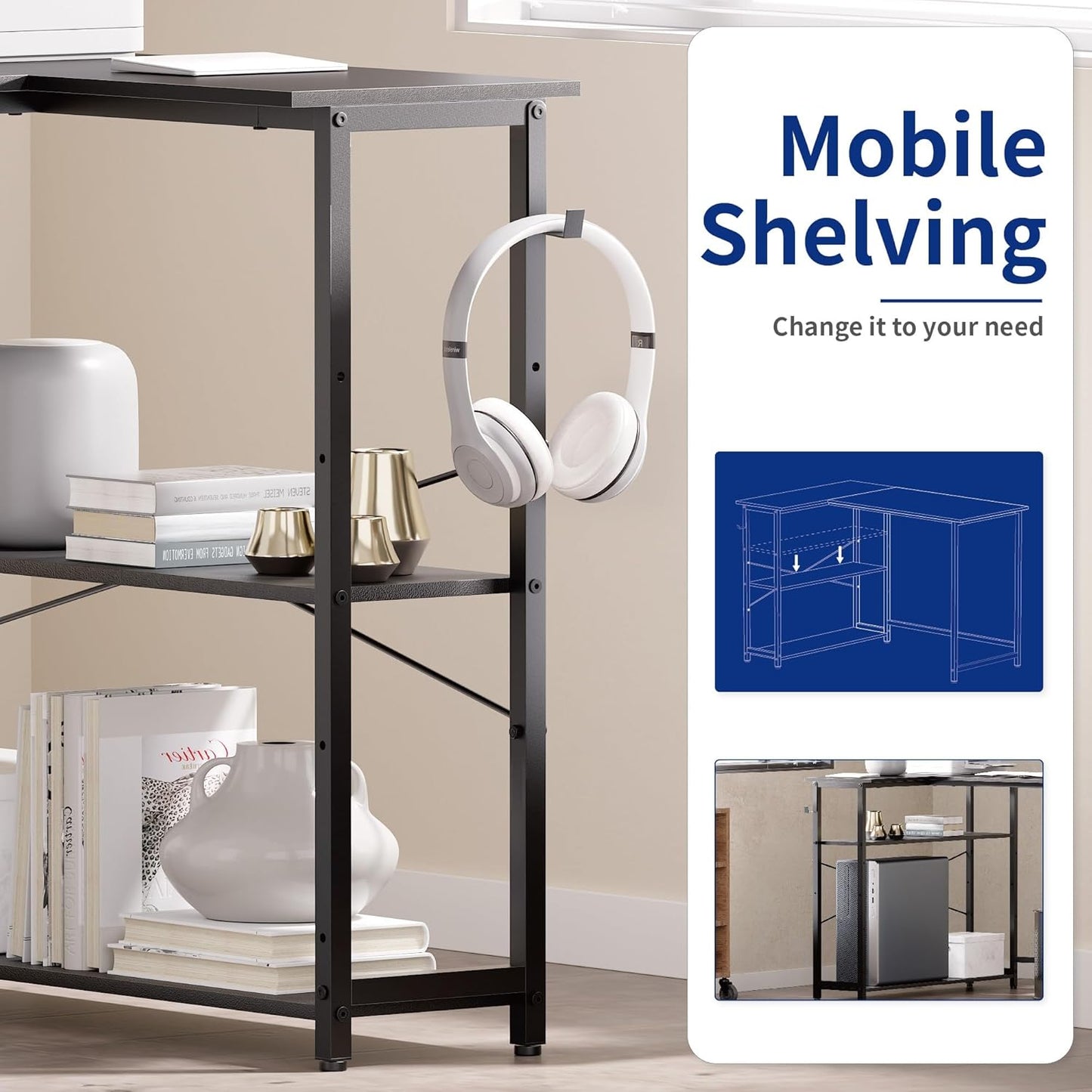 Pamray 43 Inch L Shaped Computer Desk with Reversible Side Storage Shelves, Small Corner Desk for Small Space Home Office,Writing Study PC Table for Bedroom,Orange