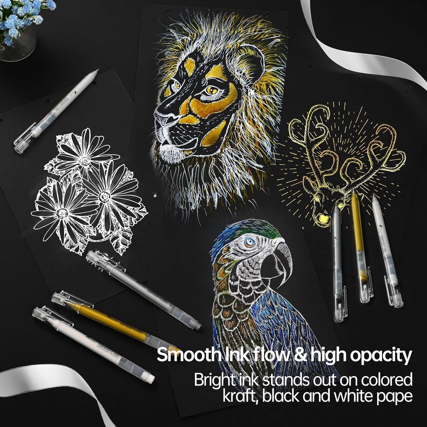 0.8mm Extra Fine Point 3 Colors Gel Pen Set White,Gold and Silver Gel Ink Pens for Artists Drawing on Black Paper, Sketching, Bullet Journaling & Holiday Crafts