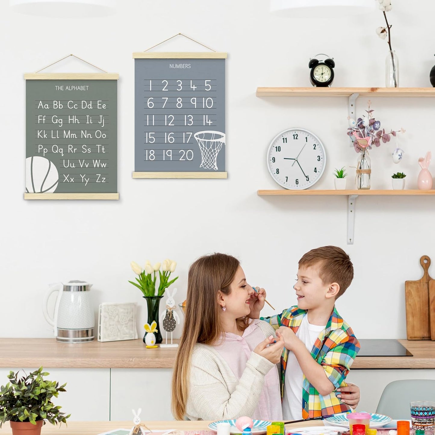 BONETAT Numbers alphabet poster for Nursery Toddlers,Correct Letter Formation on Line Paper, Play Room Wall Decor,ABC Wall Chart,Preschool Homeschool Decor Kids Wall Decor,Wooden Alphabet Banner-A10