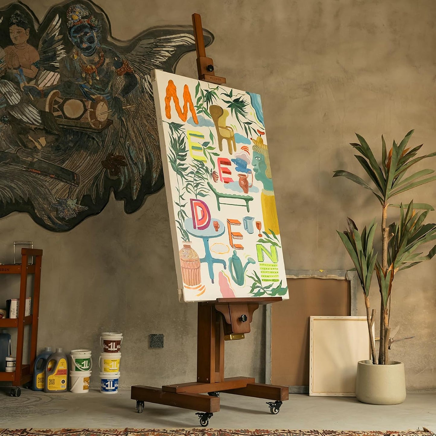 MEEDEN Extra Large Painting Easel: Solid Beech Wood Artist Studio Easel - Professional Art Easel Stand for Adults - Adjustable Movable Tilting Easels for Canvas up to 71"