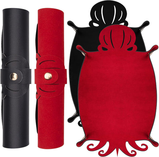 SIQUK 2 Pieces Octopus Dice Rolling Tray PU Leather Dice Mat Folding Scroll Dices Holder Trays for D&D RPG Games (Black, Red)