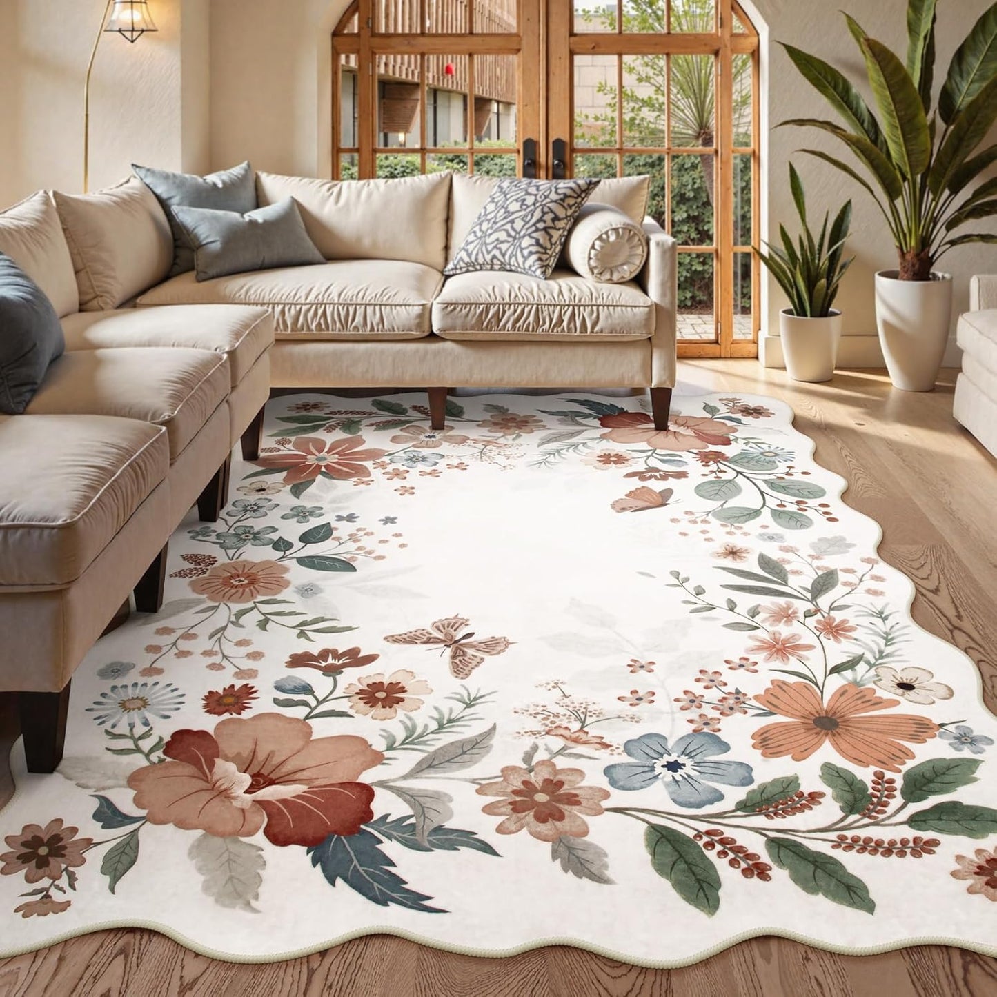 Beeiva Living Room Rugs 8x10 - Scalloped Floral Printed Soft Non Slip Washable Flower Rug for Bedroom Under Bed Boho Aesthetic Rugs Stain Resistant Large Carpet for Nursery Dorm(Beige,8x10ft)
