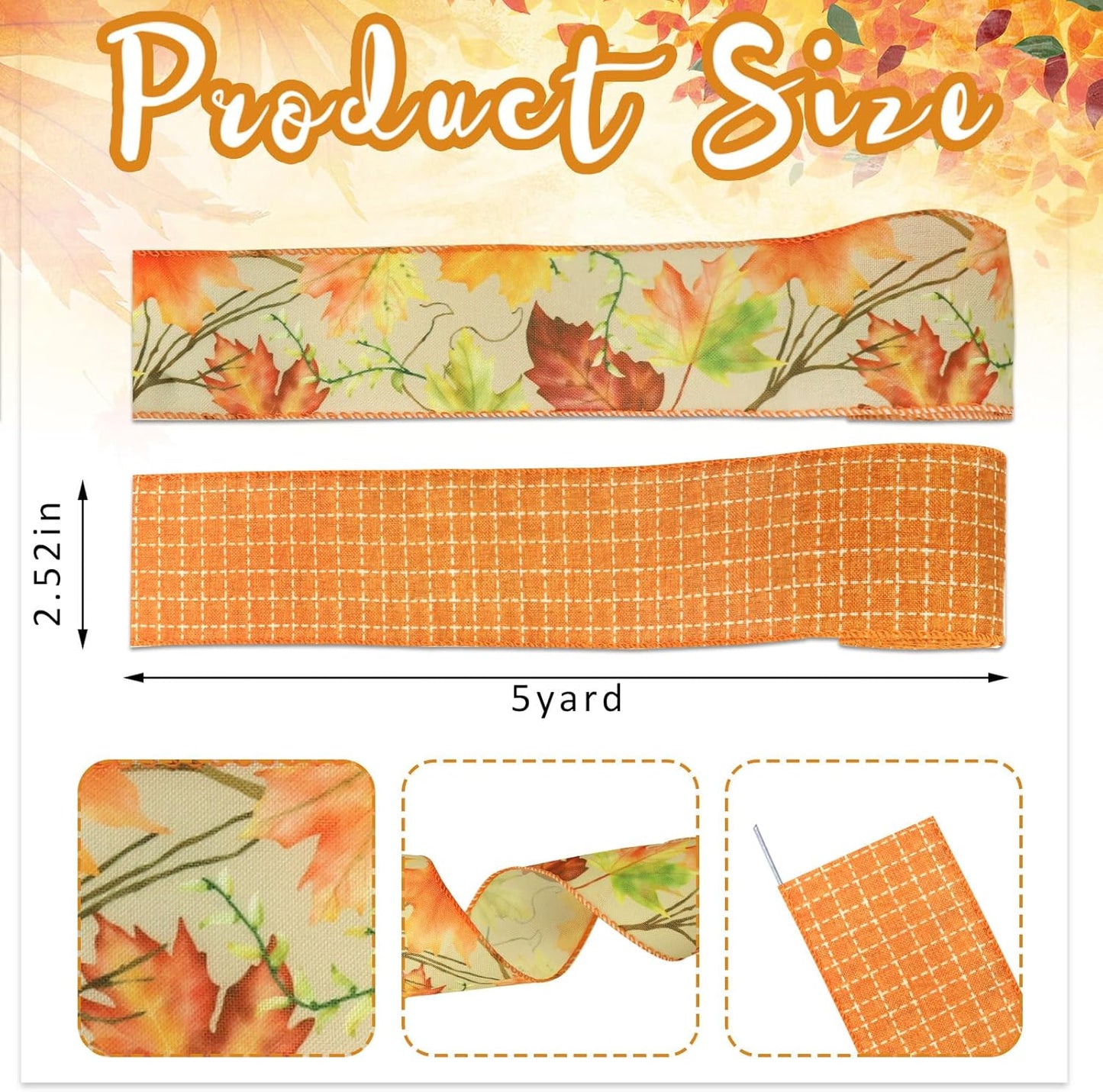 Threetols 2 Rolls 10 Yards Fall Wired Edge Ribbons, 2.5inch Orange Plaid Burlap Ribbon, Autumn Maple Leaves Ribbon for Harvest Thanksgiving Party DIY Craft Fall Wreath Bow Decor