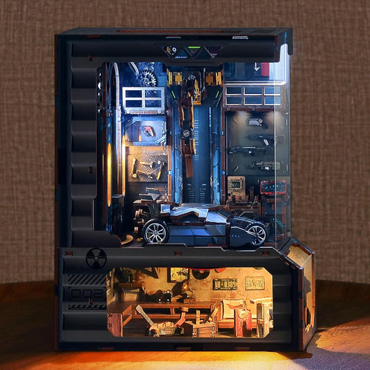 3D Wood Puzzle Book Nook Kit, Automobile Workshop Miniature Bookshelf Insert Décor with LED Lights, DIY Mechanical Model for Display, Unique Craft for Adults and Teens (Automobile Workshop)