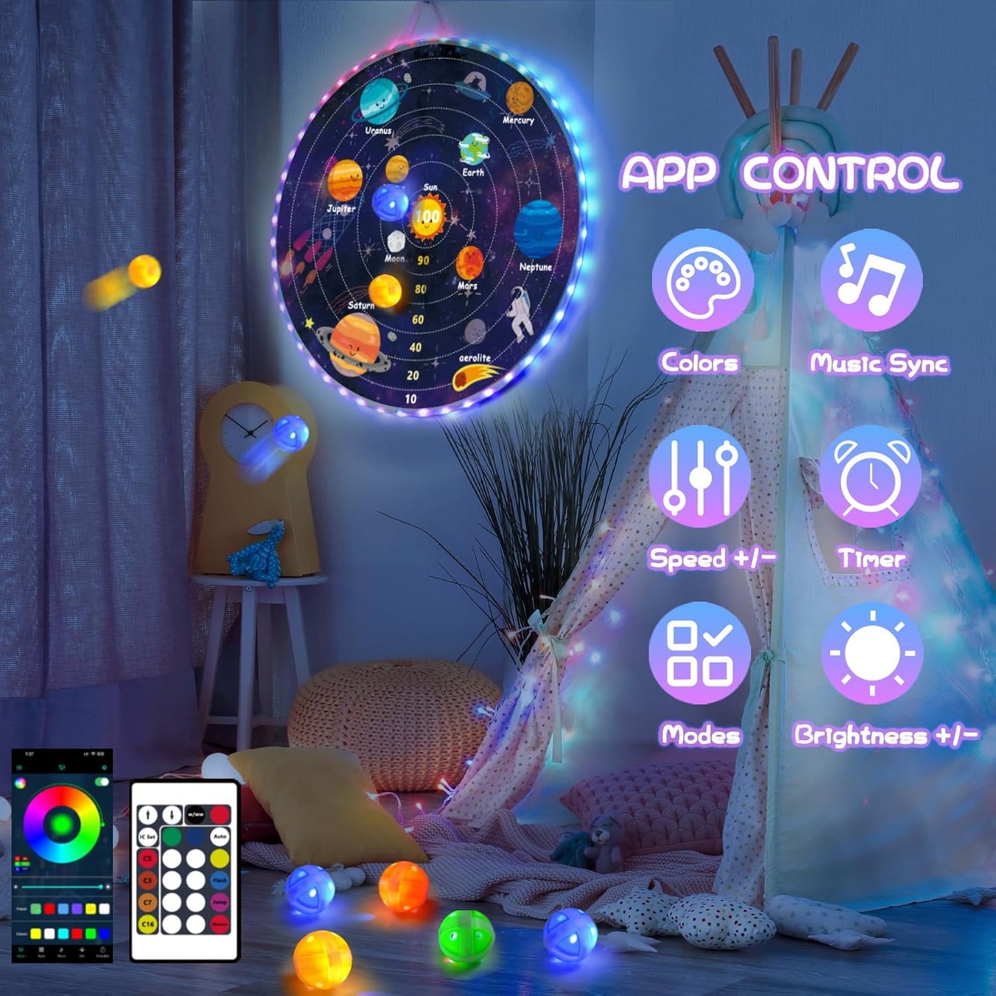 2 in 1 29" Large LED Dart Board for Kids 8-12 Games with 12 LED Sticky Balls, Indoor & Outdoor Games for Kids 8-12, APP Control Board Games for Kids