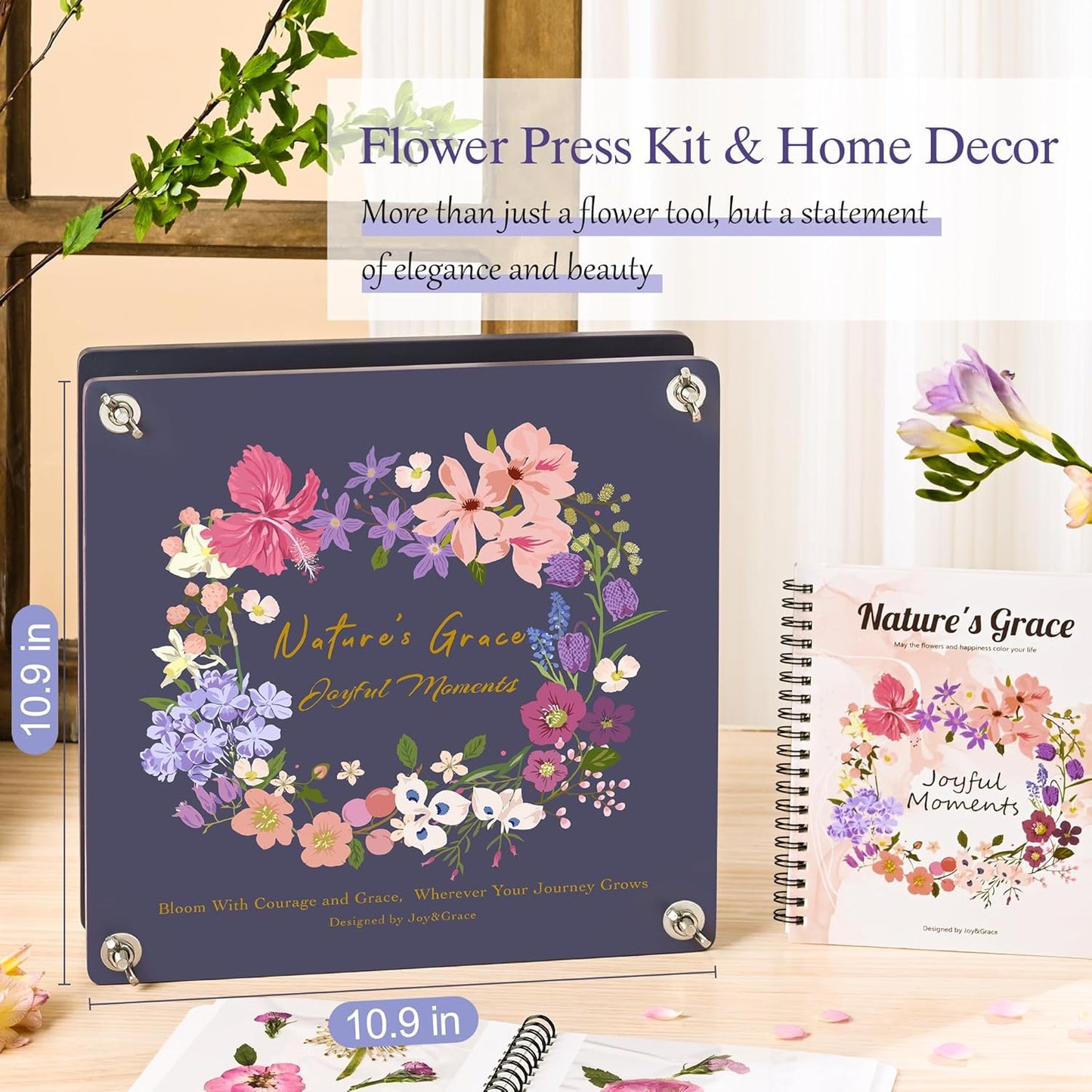 Joy&Grace Flower Press Kit for Adults & Kids, with Designed Cover and DIY Album, 10.9" x 10.9" 10 Layers Flower Preservation Kit, Plant Press and Large Plant Drying Toolkit (Color Box, Purple Navy)