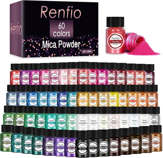 Renfio Mica Powder, 60 Colors Mica Powder for Resin Natural Epoxy Resin Color Pigment Powder Dye 0.25oz/7g Bottles Shimmer Pearl Pigments for Soap Making, Candle Making, Epoxy Crafts, Slime, Nail Art