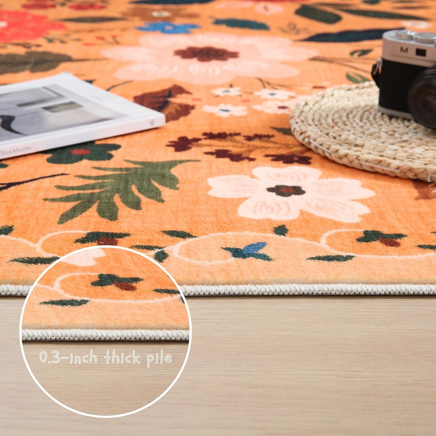 Rugcomf Area Rug 4x6 Rug Washable Boho Rugs Non Slip Low Pile Floral Small Carpet for Bedroom, Bedside, Kids Room, Office, Dining Room(Yellow)