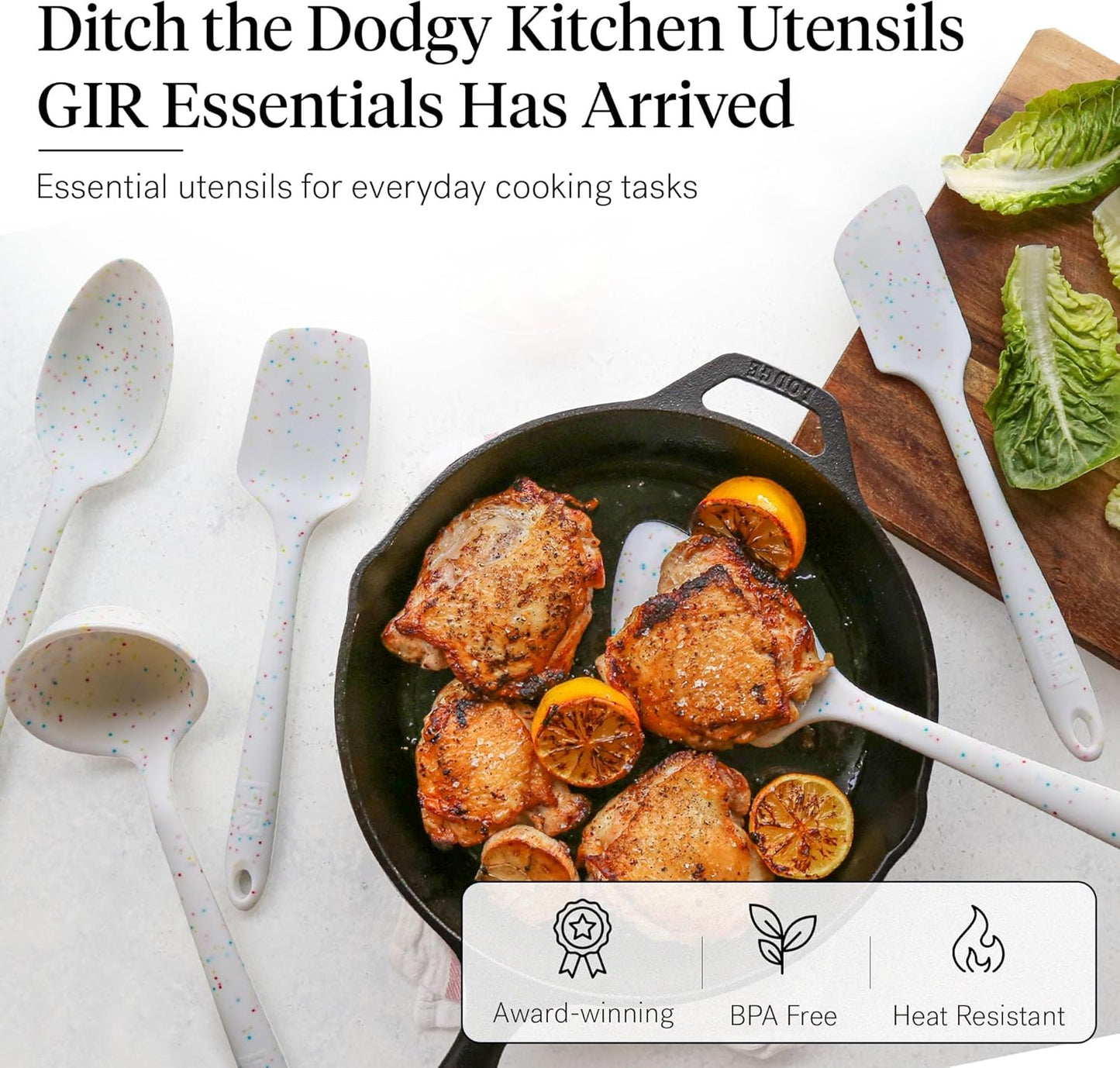 GIR: Get It Right 5-Piece Silicone Essentials Kitchen Utensils Set - Ladle, Spatula, Flip, Spoon & Spoonula - Non-Toxic Cooking Utensils for Nonstick Cookware, Cooking and Baking - Party Confetti