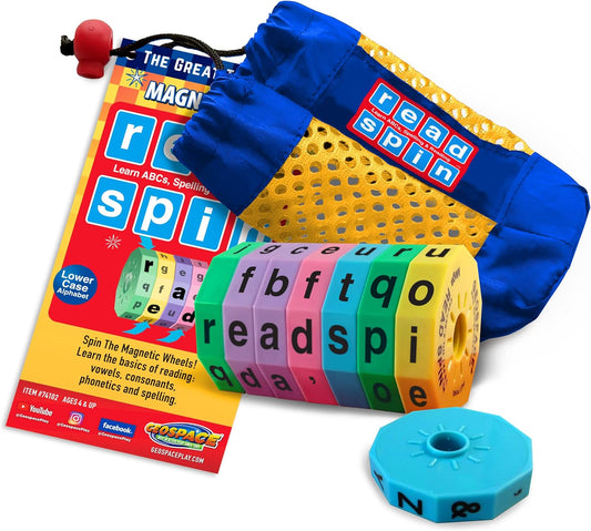 Geospace Read Spin Education Game for Kids – A Handheld Magnetic Spelling Game with Storage Pouch (Lower Case Letters)