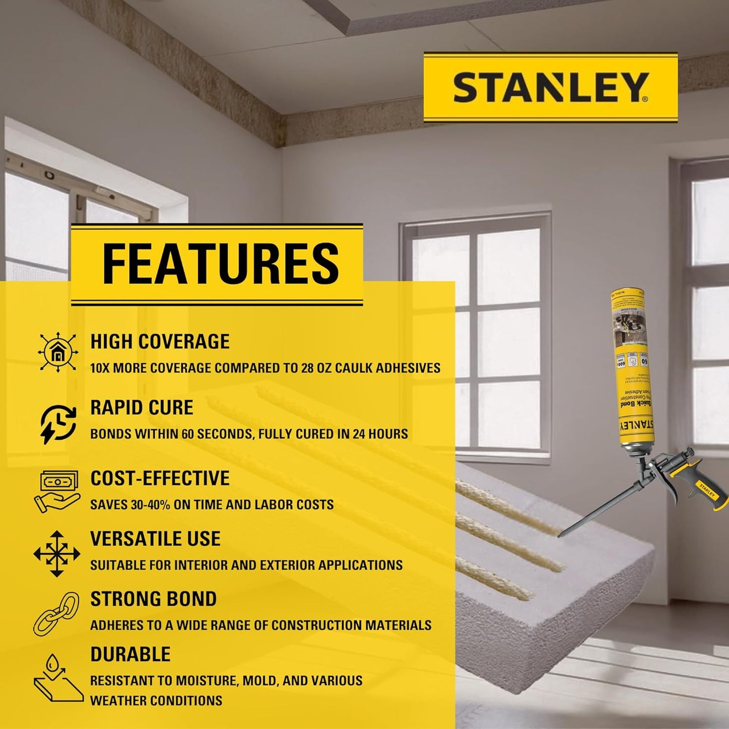 Stanley Quick Bond Adhesive Foam - 1x24oz, Reliable Bond Adhesive for Various Materials, Strong bonding, No Mixing, Gun Use, Including Gun, Cleaner | 1 Pack