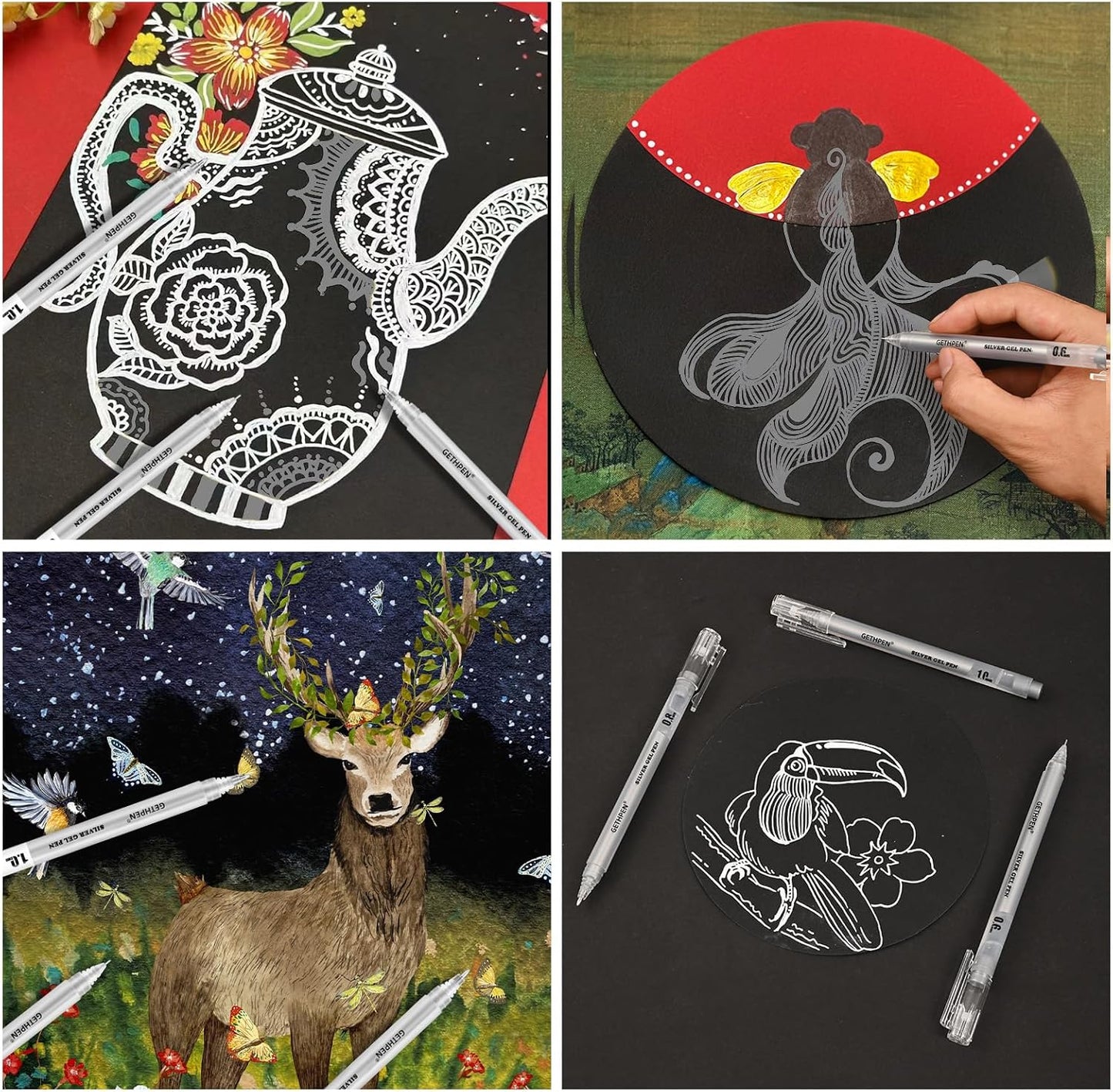 Silver Gel Pens 3-Pack - 0.6/0.8/1.0mm Fine Point Opaque Silver Archival Ink Pen for Black Paper Drawing, Sketching, Illustration, Bullet Journaling