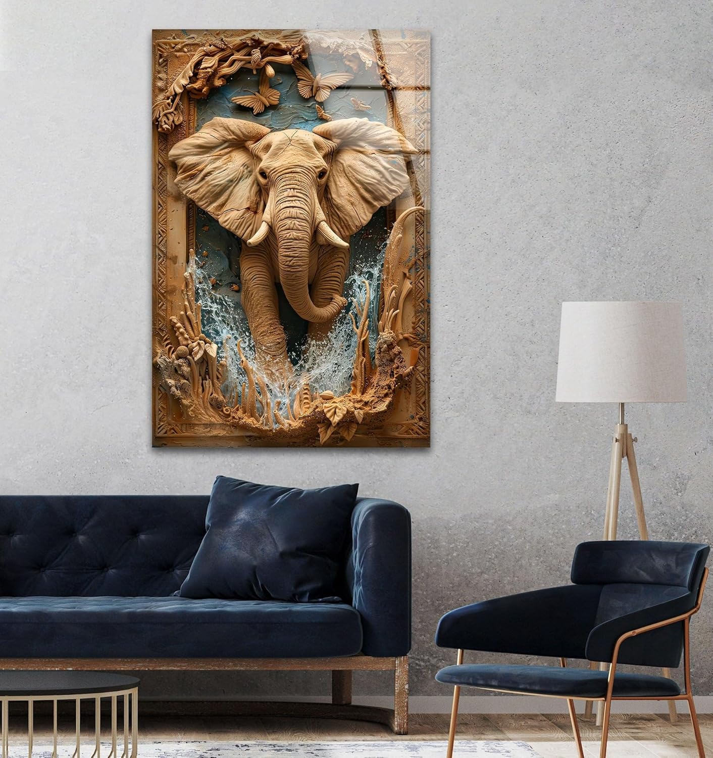 My Photostation.com 32Wx48H'' Elephant Carving Glass Wall Art Tempered Glass Printing Wall Decor Large Wall Art Wall Hangings
