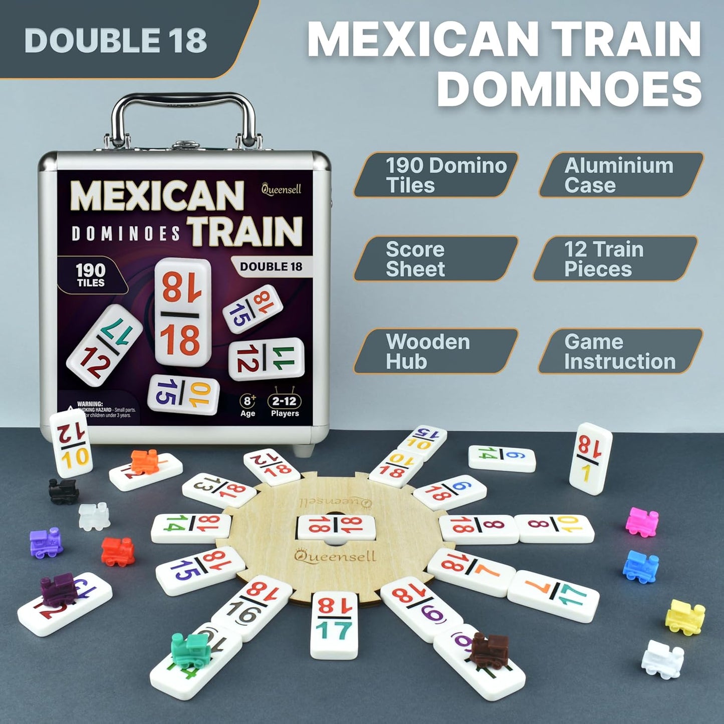 Queensell Mexican Train Dominoes Set with Numbers - Double 18 Dominos Set for Adults and Kids - Mexican Dominoes Train Game Night Games for Adults with Wooden Hub and Aluminum Case