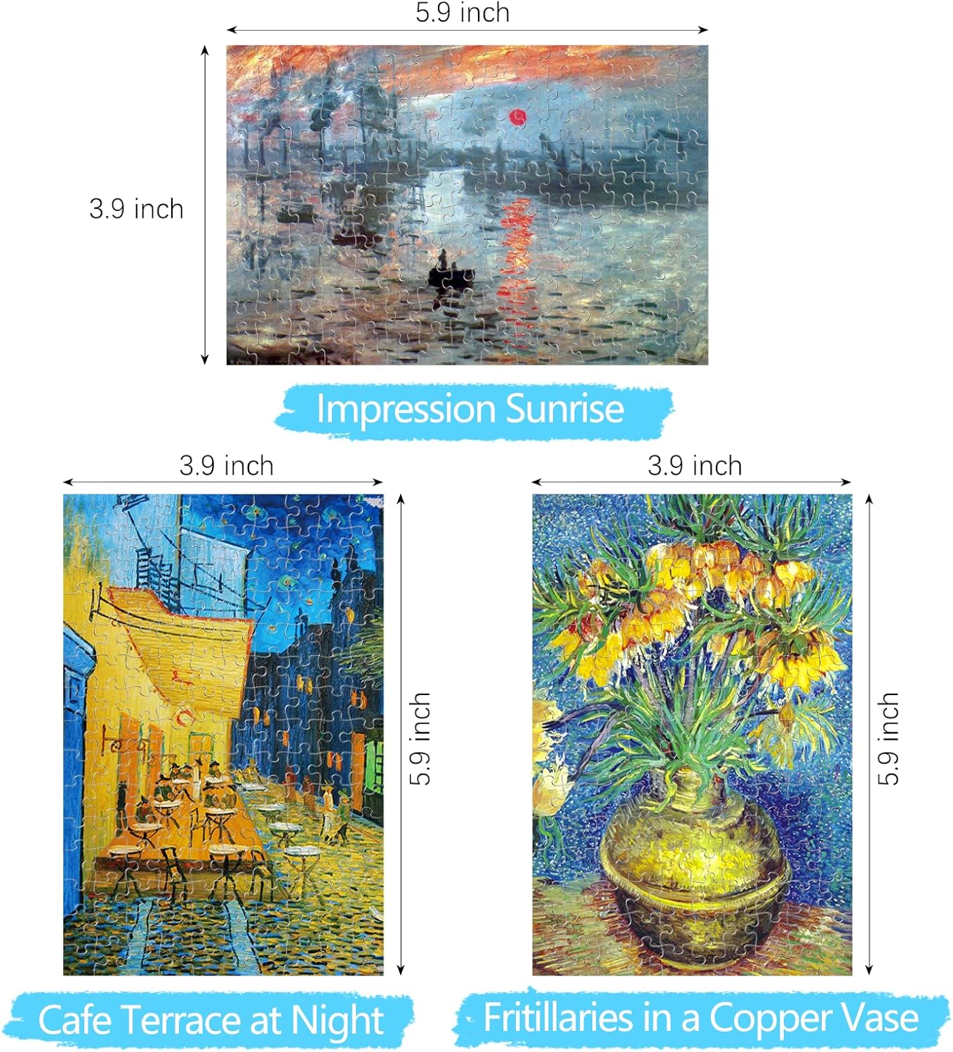 150 Pieces Mini Jigsaw Puzzle for Adults & Kids - 6" x 4" Small Capsule Tube Intelligent Game - Impression Sunrise, Fritillaries in a Copper Vase, Cafe Terrace at Night 3 Pack