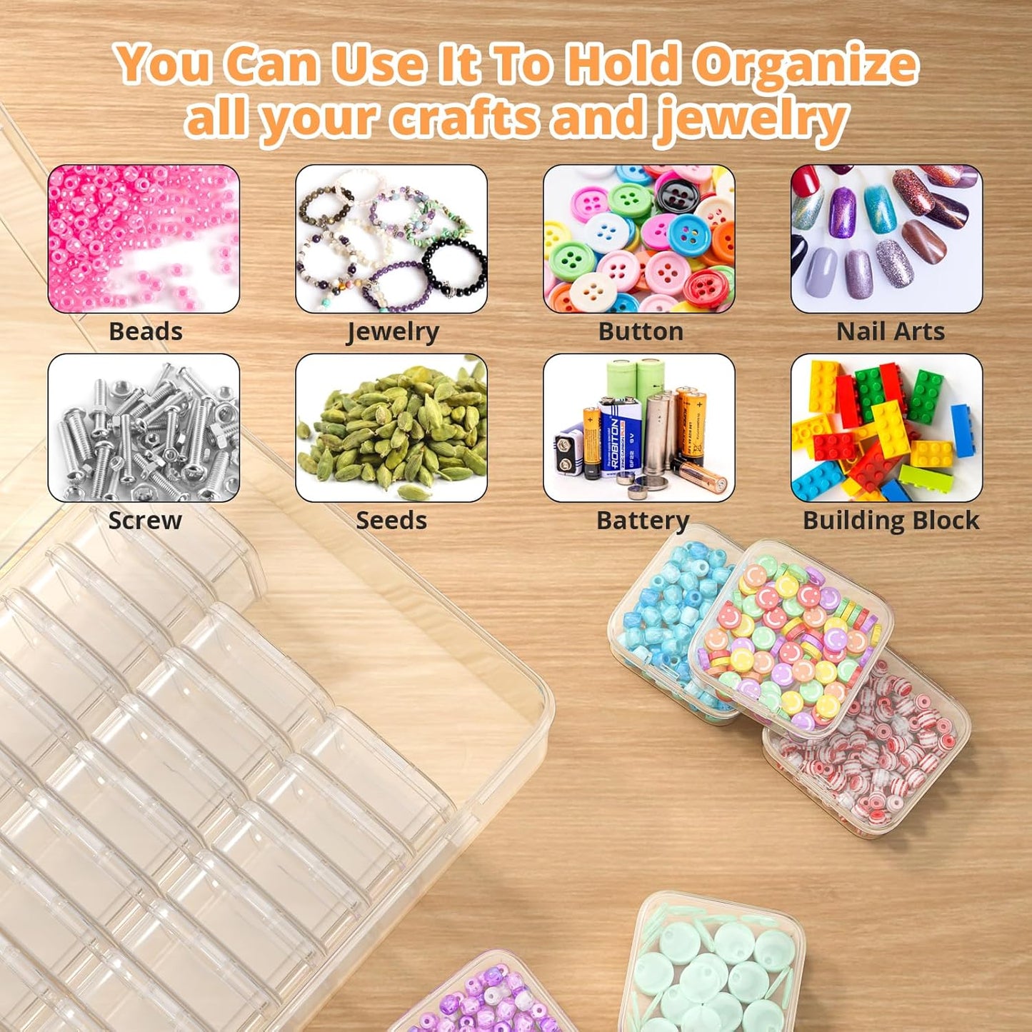 Mathtoxyz Bead Organizer Box, 62Pcs Small Bead Organizers and Storage Plastic Cases Mini Clear Bead Storage Containers Boxes with Hinged Lid and Rectangle for Bracelet Making DIY Jewelry Craft Nail