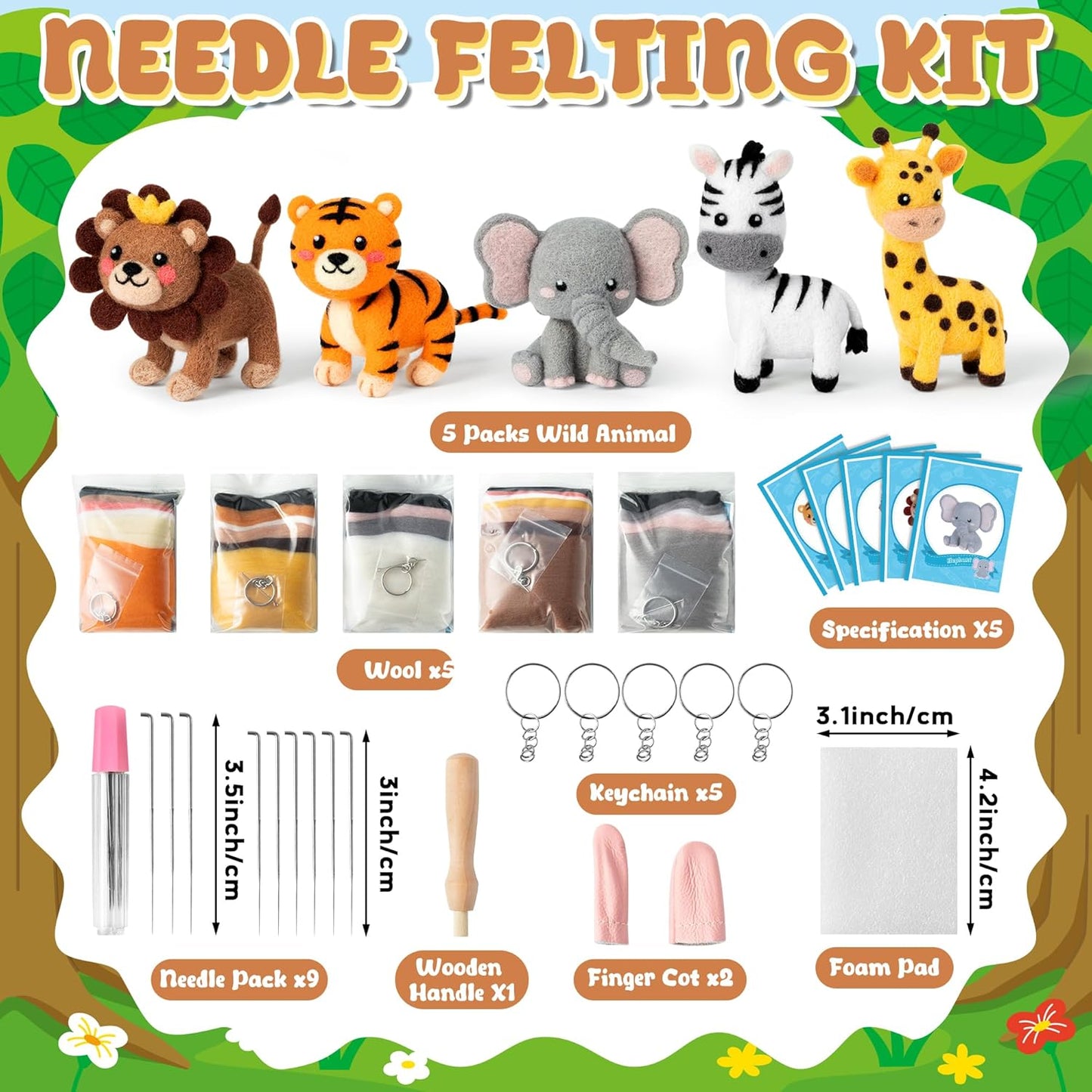 WATINC Needle Felting Kit - 5 Set Unique Different Cute Doll Wool Felt Needle Tools Foam Pad Instruction, DIY Home Decoration Craft Party Supplies for Art Work Starter Beginners (Wild Animal)