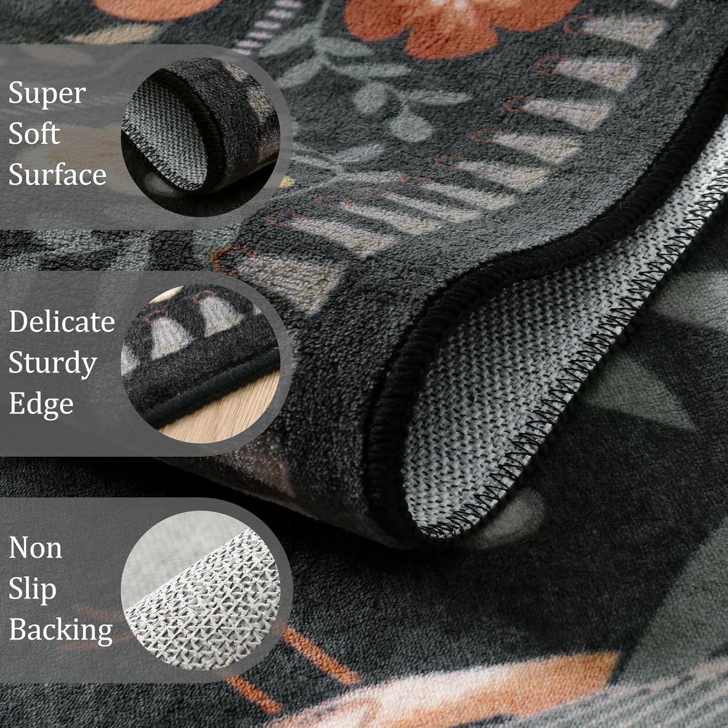 Morebes Washable 8x10 Area Rugs for Living Room Non Slip, Boho Botanical Soft Birds Bug Moody Rugs for Bedroom, Ultra-Thin Floral Flower Throw Carpet for Classroom Home Office Dorm Room, Black/Multi