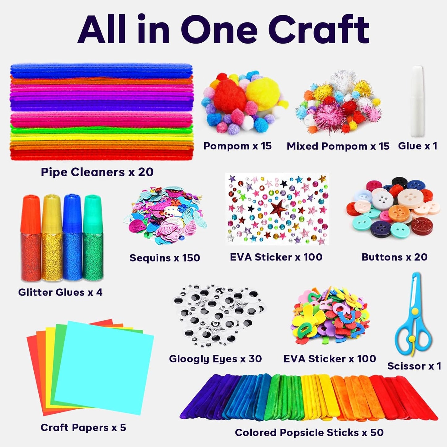FUNZBO Arts and Crafts Supplies for Kids - Craft Kit with Glitter Glue Stick, Pipe Cleaners Pom Poms Craft & Craft Tools, DIY School Supplies Kit, Girls Toys, Birathday Gifts for Girls Boys Age 4+