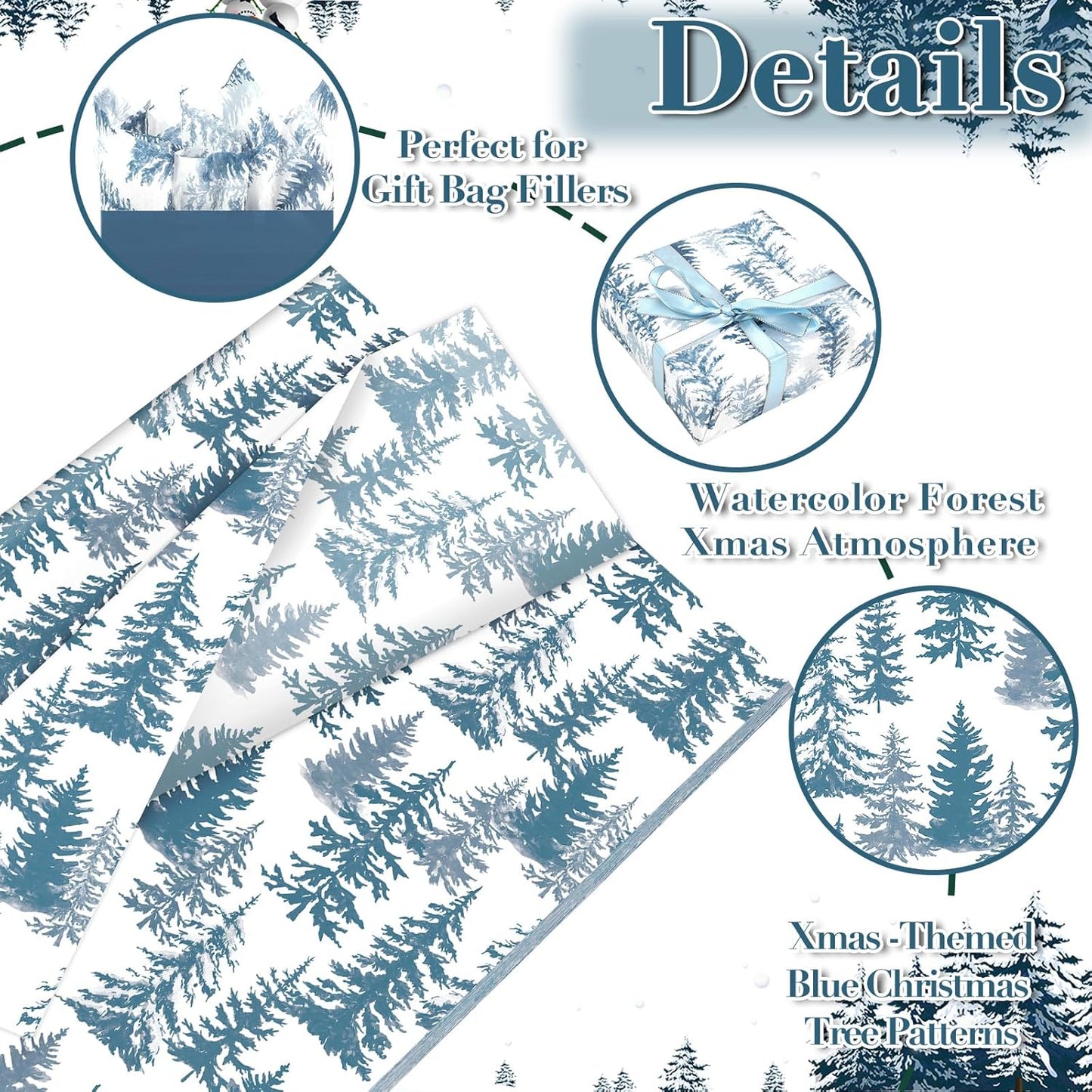 100 Sheets Christmas Tree Tissue Paper, 20x14in Forest Style Wrapping Tissue Watercolor Xmas Tree Art Tissue for Xmas Party Gift Bag Fillers Winter Party Decor (Blue)