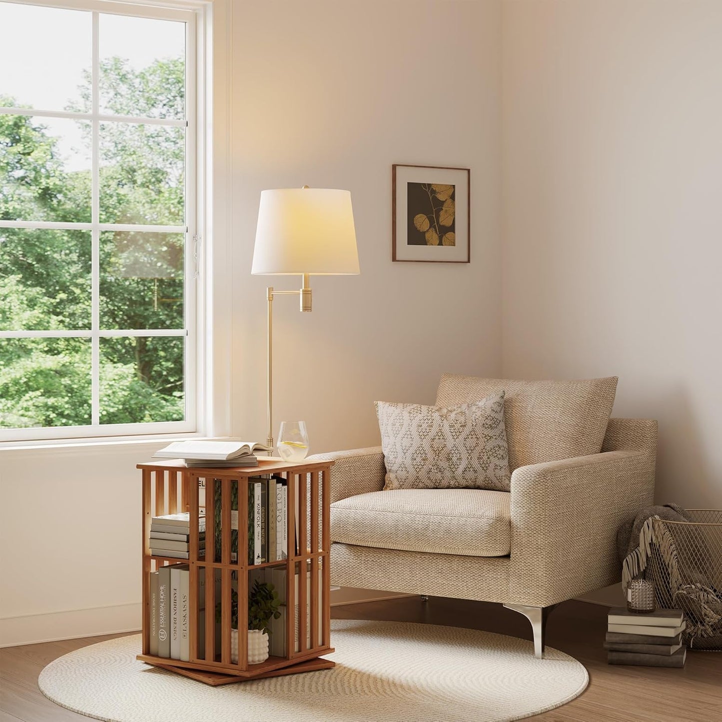 YOWOS Rotating Bookshelf Tower, 360° Spinning Bookcase Bamboo Floor Standing Storage Rack, Narrow Book Shelf Organizer for Kids & Adults, Small Space Bookshelf (Walnut, 2 Tier)