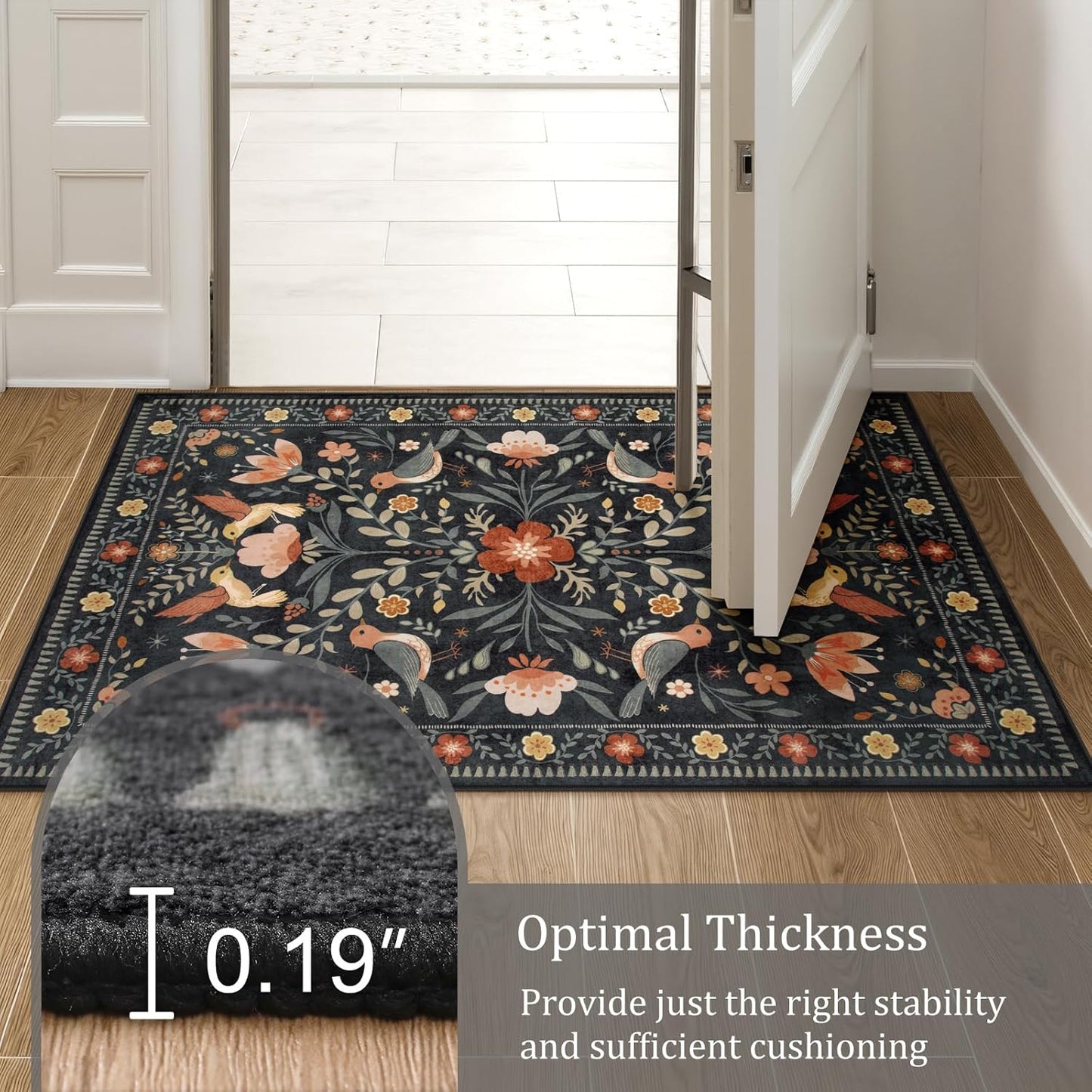 Morebes Washable 9x12 Area Rugs for Living Room, Large Bird Floral Dining Room Rug Non Slip, Ultra-Thin Boho Insect Distressed Soft Carpet for Kids Bedroom Office Decor, Black/Muliti