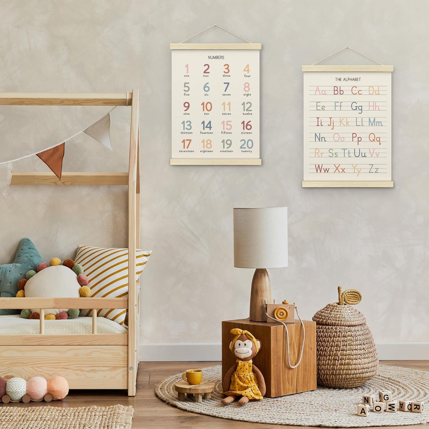 BONETAT Numbers alphabet poster for Nursery Toddlers, Play Room Wall Decor, ABC Wall Chart, Wall Hanging Decor for Toddler Playroom Decor Kids Wall Decor, Wooden Frame Alphabet Banner-A11