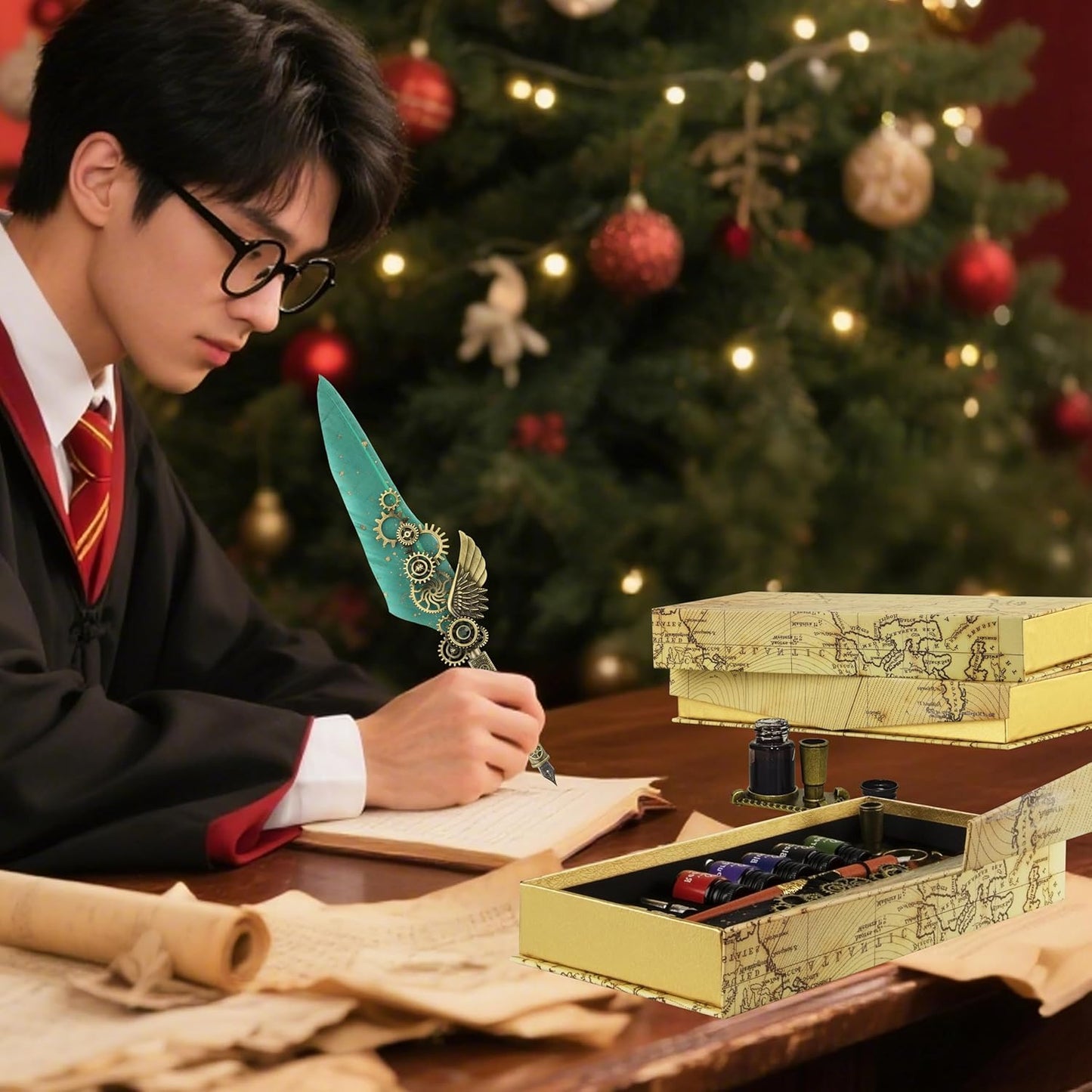 Feather Pen and Ink Set Calligraphy Kit for Beginners with Quill Pen, Antique Vintage Stationary Set for Writing, Signing & Hand Lettering Art