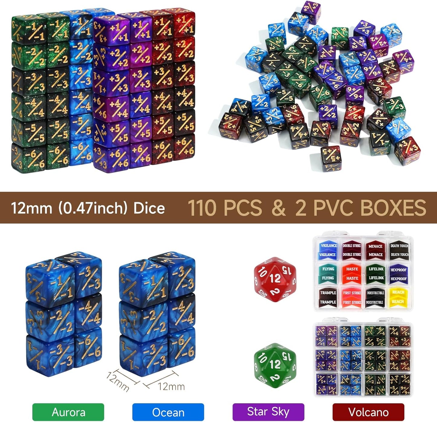 110PCS MTG Tokens & 12mm Life Counter Dice Set for Magic The Gathering with Box, Bulk Ability MTG Tokens D20 Loyalty 6 Sided Dice, Compatible with TCG CCG Magic Card Gaming Accessories