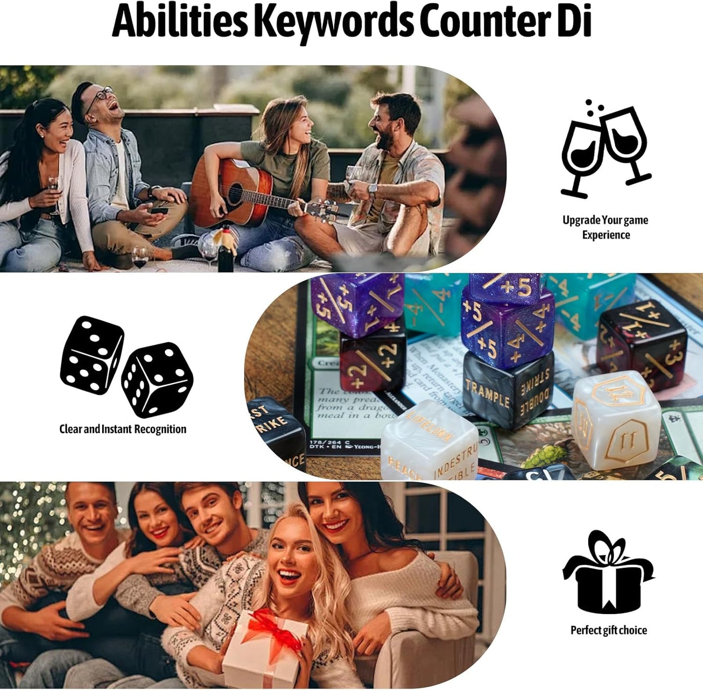 62 PCS MTG Dice Counters Set Keyword Tokens Abilities Life Counter 1/+1 counters Commander Buff Tokens Gold 6 Sided Dice Set for MTG, TCG, Card Games