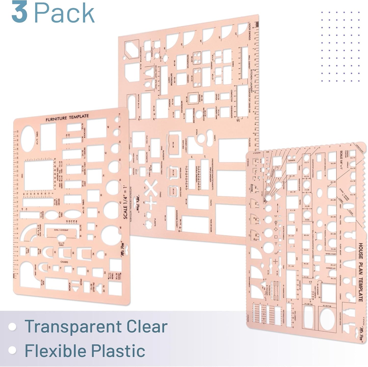 Mr. Pen- House Plan, Interior Design and Furniture Templates, Drafting Tools and Ruler Shapes for Architecture - Set of 3