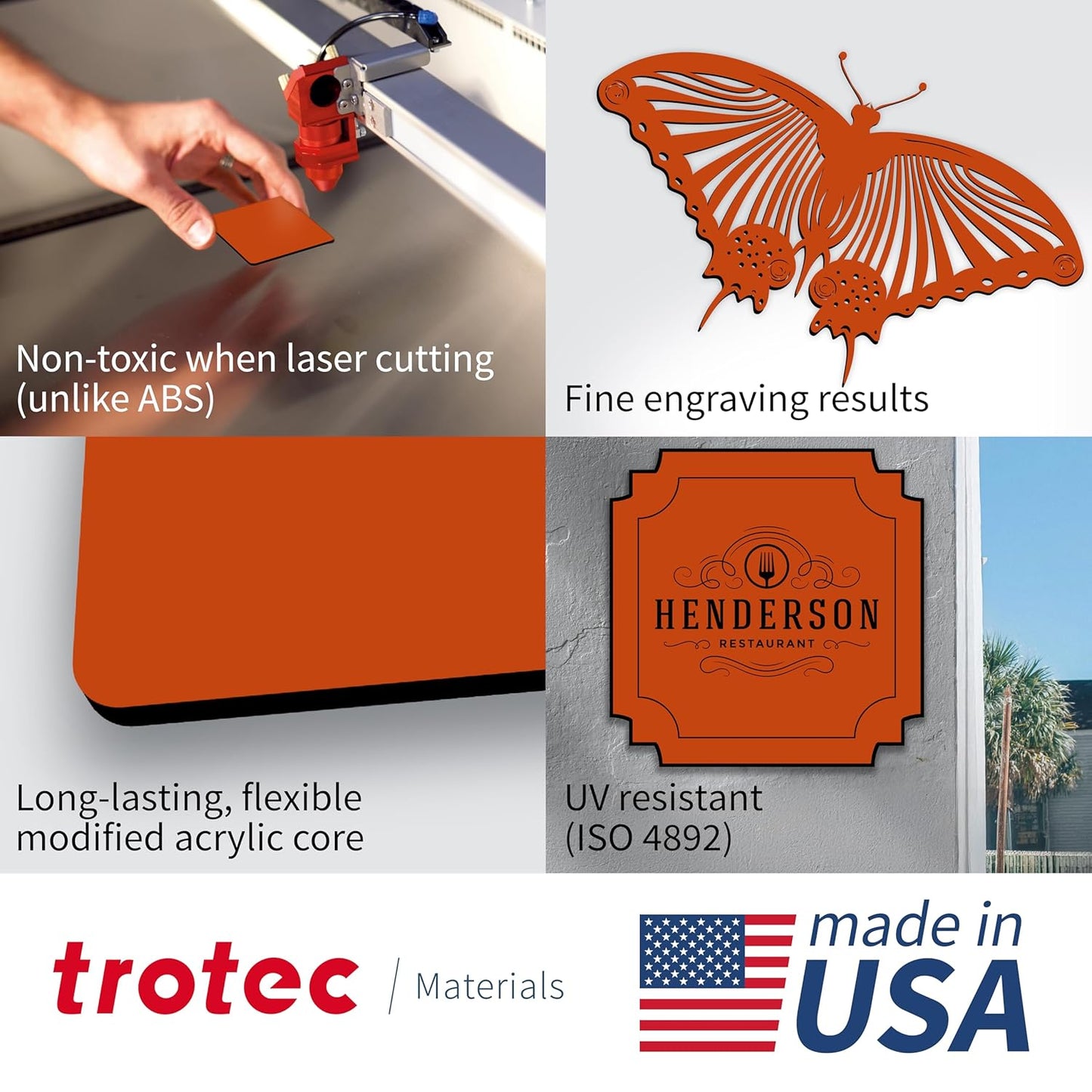 Trotec TroLase | 12"x24"x1/16", 4 Pcs | Orange/Black| 2 Ply | Modified Acrylic | Laser Engraving Double Color Plastic Sheet | Engraving Blanks for Laser, Saw, Guillotine | Made in USA
