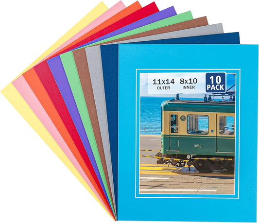 HOTUO 10 Pack Colorful 11x14 Picture Mats, Pre-Cut Picture Frame Mat with Ivory Core Bevel Cut for 8x10 Photo, Signature Friendly 4 Ply Thickness Photo Mat for Frames (Colorful with V-Groove)