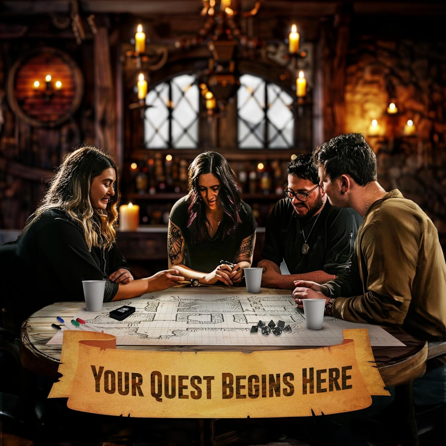 Melee Mats DND Map Starter Kit for Dungeons & Dragons Game - 35” x 48", Wet/Dry Erase Battle Terrain Grid - Ultimate Tabletop Gaming Experience with Accessories