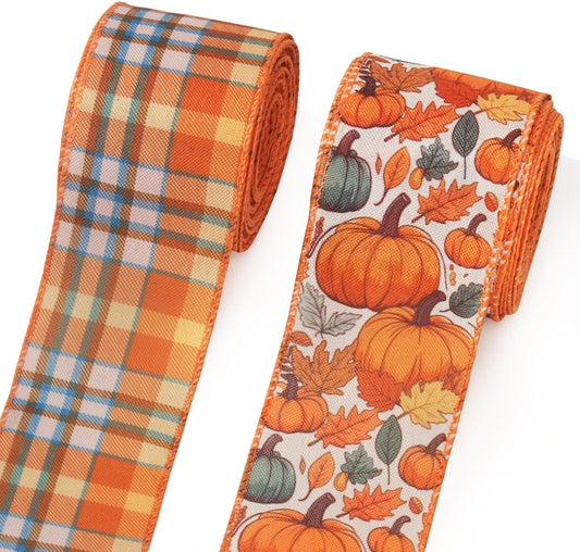 2 Rolls Fall Pumpkins Ribbons for Bows, Thanksgiving Wired Edge Burlap Ribbon Autumn Maple Leaves Plaid Ribbons for Gift Wrapping Thanksgiving Decoration Supplies