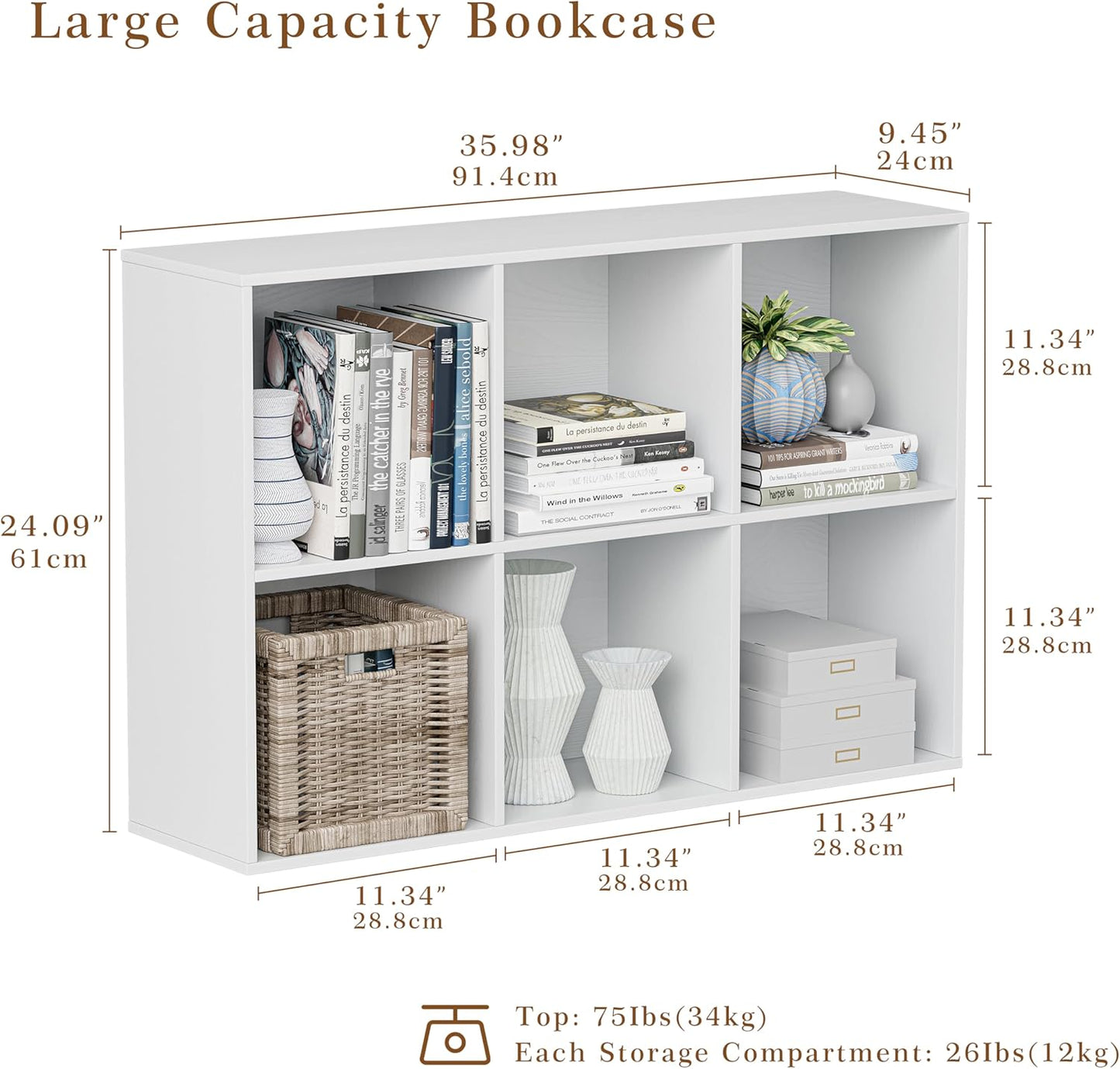 Wooden Cube Storage Organizer with Closed Back Panel, 11in Cube Shelf Opening, Bookshelf, Display Shelf,Closet Cabinet for Home and Office (Embossed White, 6-Cube 35.98L*9.45W*24.09H)
