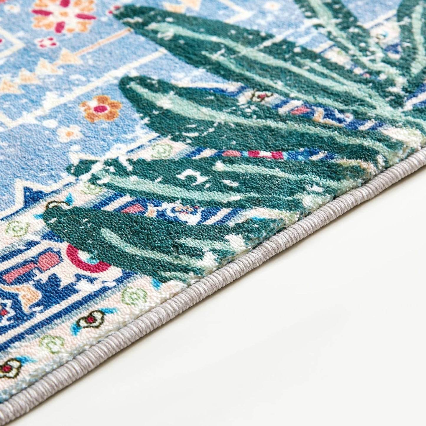 Washable Blue Rugs Thin Oriental Boho Vintage Tropical Jungle 8x10 Area Rugs for Bedroom Kitchen Dining Living Room Office Distressed Indoor Large Carpet