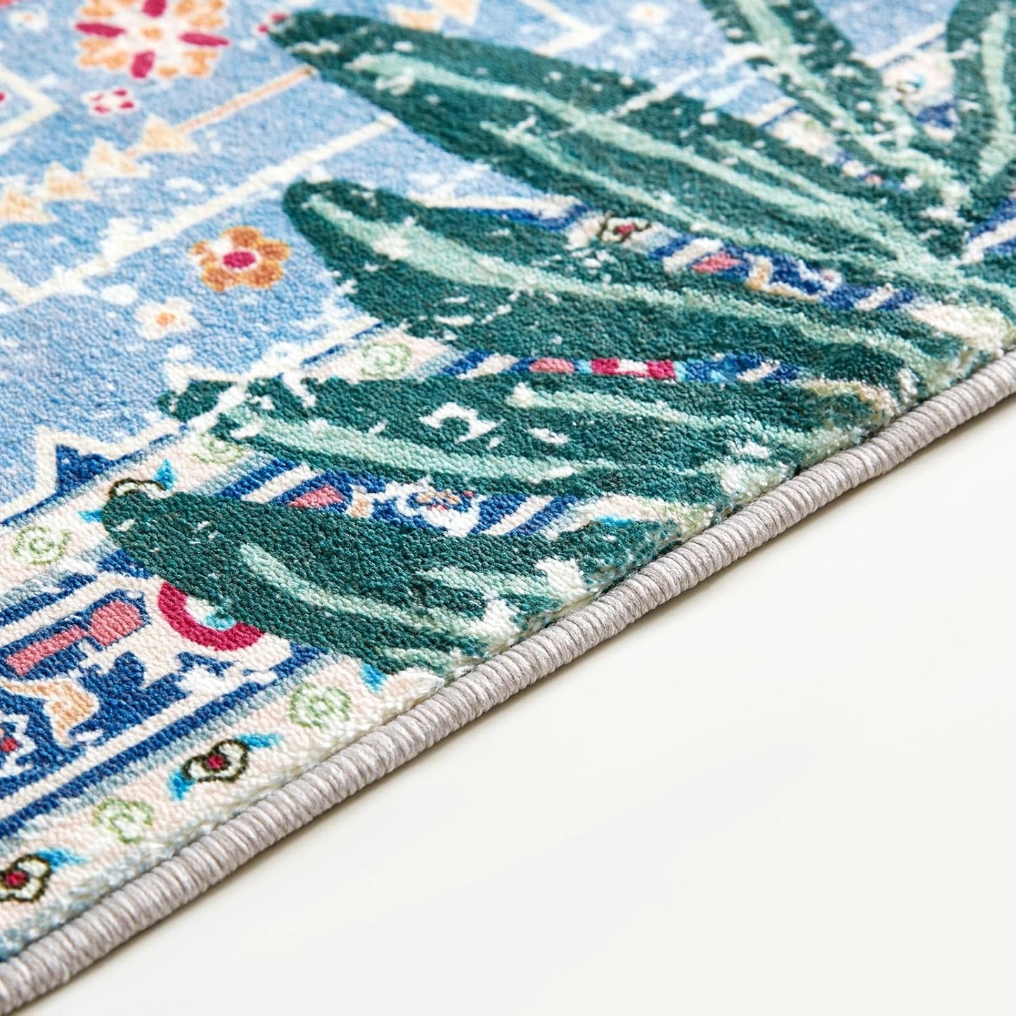 Oriental Tropical Kitchen Runner Rug 2x5 Washable, Thin Stain Resistant Blue Boho Bathroom Runner Rug for Hallway Entryway Bedroom Laundry, Vintage Abstract Hippie Botanical Long Carpet