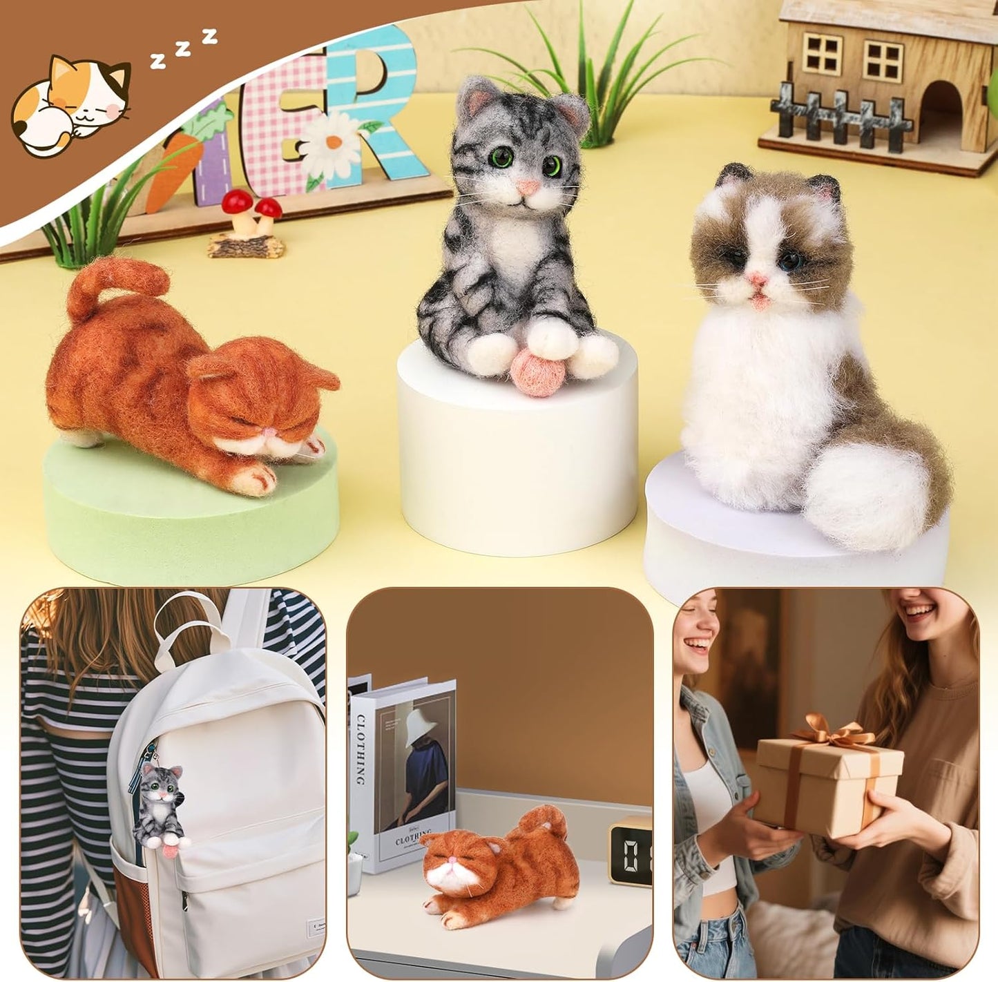 Mayboos Needle Felting Kit, 3 PCS Cat Animal Needle Felting Beginner Kits Wool Felt Needle Felting Tools with Instruction for DIY Craft Animal Home Decoration