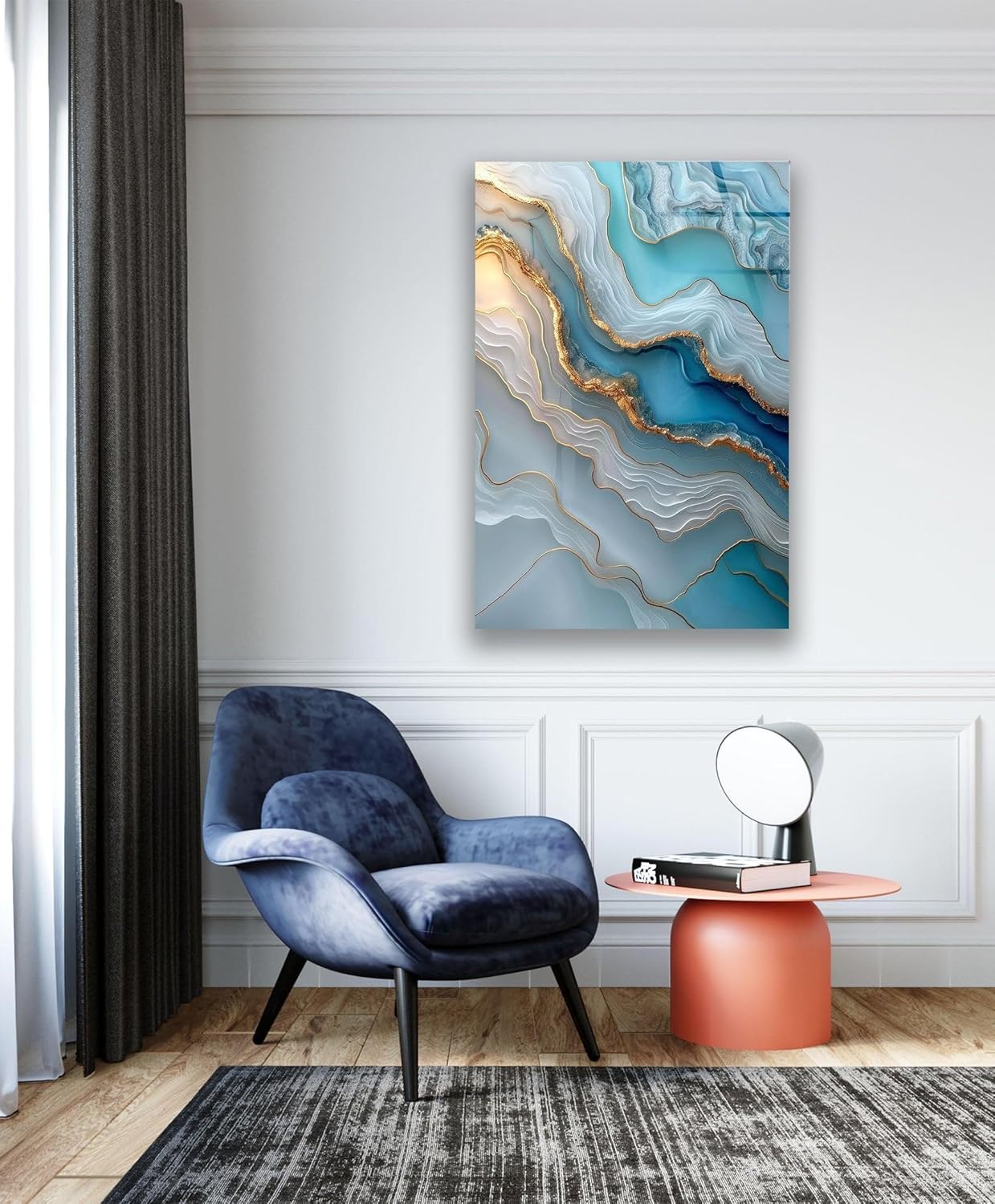 My Photostation.com 30Wx35.5H'' Turquoise and Blue Alcohol ink Glass Wall Art Tempered Glass Printing Wall Decor Large Wall Art Wall Hangings