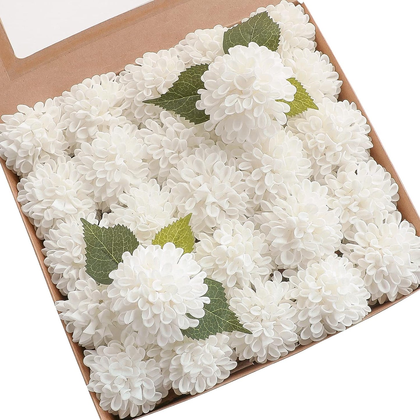 Floroom Artificial Dahlia Flowers 25pcs Real Looking White Foam Fake Roses with Stems for DIY Wedding Bouquets Bridal Shower Centerpieces Floral Arrangements Party Tables Home Decoration