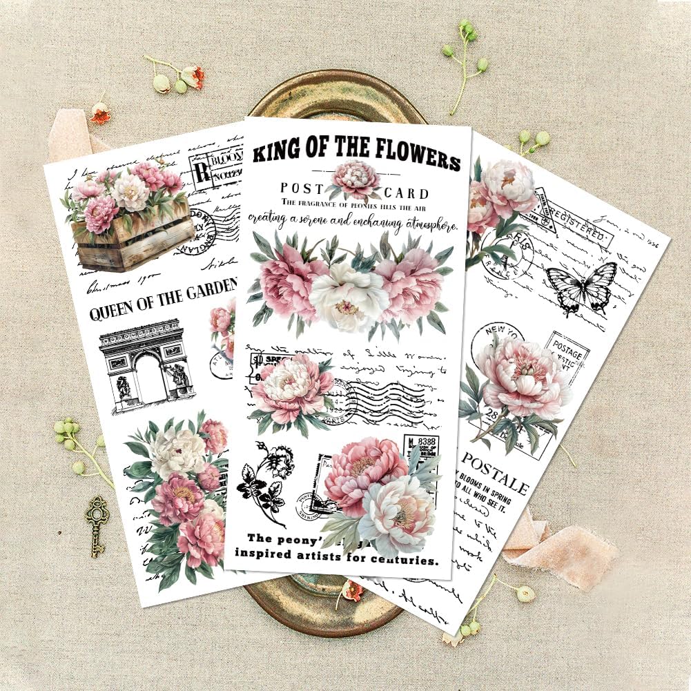 GLOBLELAND 3 Sheets Vintage Pink Peony Background Furniture Transfer 6x12inch Retro Romance Text Rub on Transfer Self-Adhesive Wall Art Decals for Bedroom Living Room Desk Table Decoration