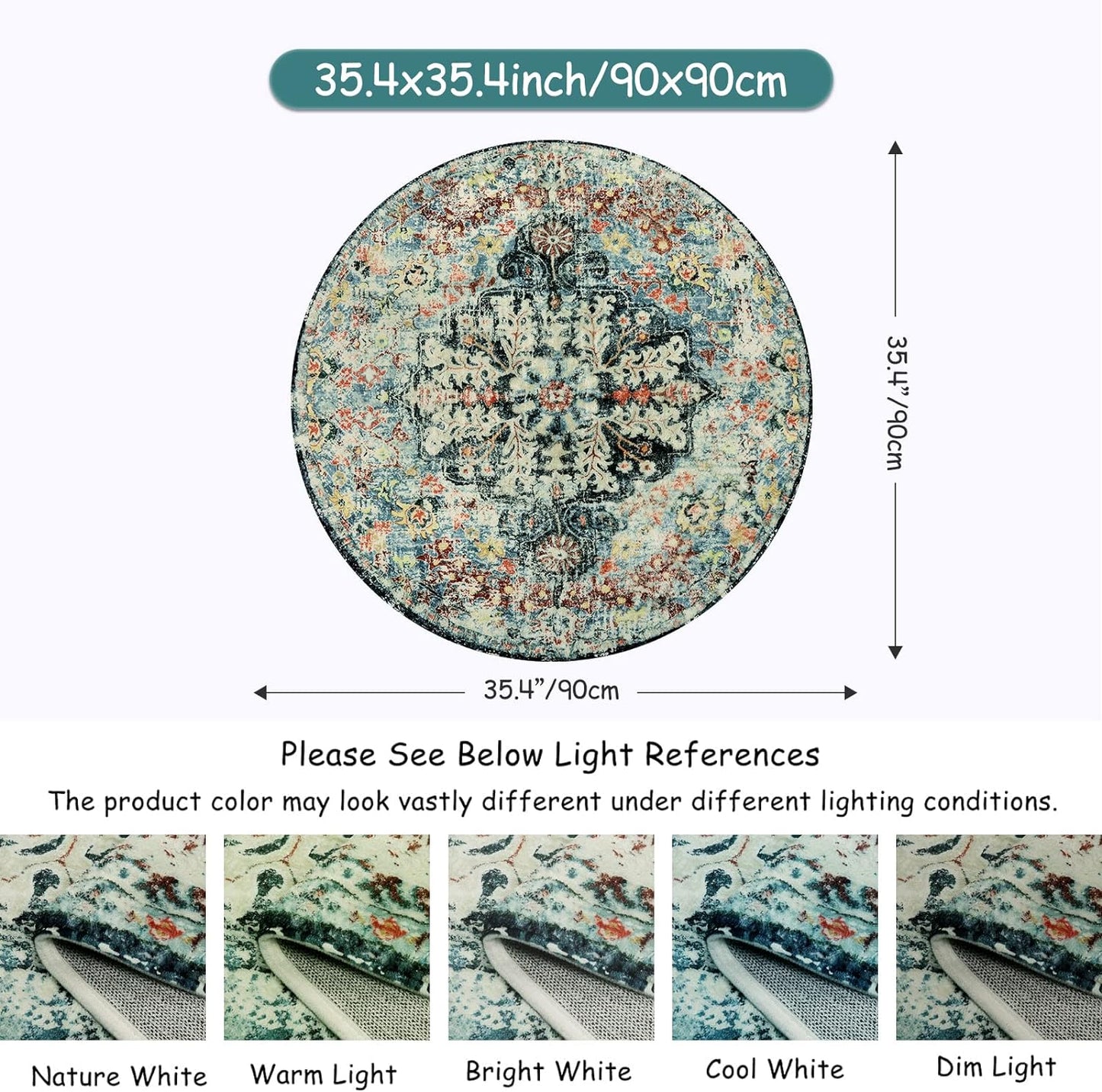 Lahome Bohemian Floral Medallion Round Rug - 3Ft Small Bedroom Round Area Rug Soft Bathroom Circle Mat, Teal Vintage Non Slip Machine Washable Entryway Carpet for Nursery Kitchen Family Room