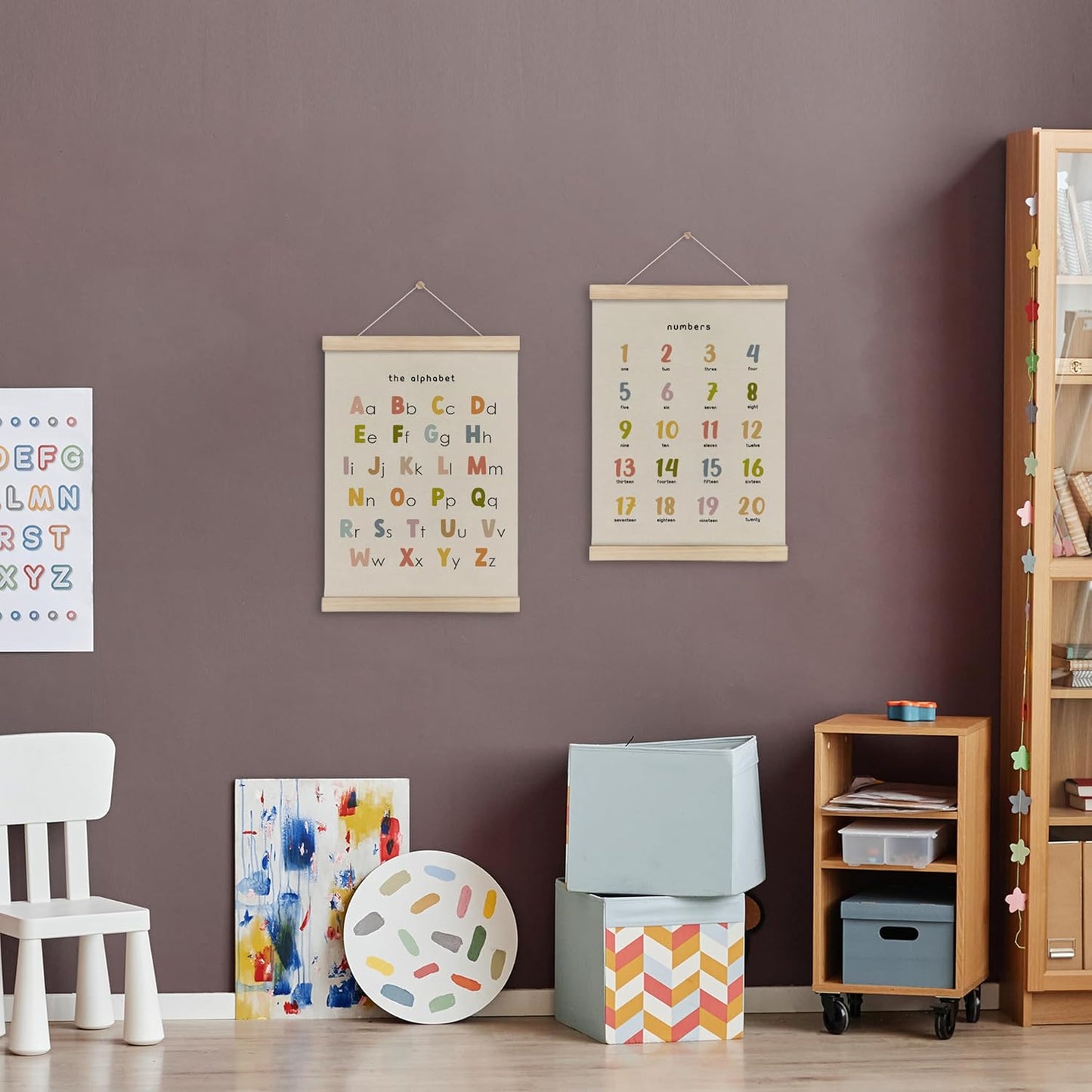 HRQKO Alphabet Numbers Poster Hanger Frame Set of 2, Nursery Wall Decor, Boho ABC Poster Wall Art with Wooden Frames, Cute Alphabet Banner Wall Hanging Decor for Toddlers Room Playroom, 12x16 Inch