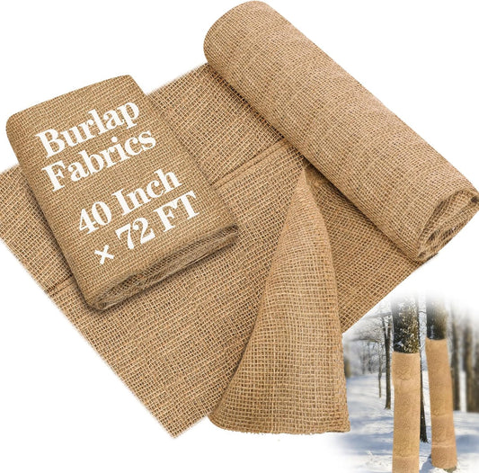 Buryeah 40 Inch x 72 ft Burlap Fabrics Roll Natural Jute Burlap Tree Wraps Protector Winter Frost Plant Blankets Cloth Weed Barrier Fabric Garden Plants for Winter Outdoor Trees Shrubs Party