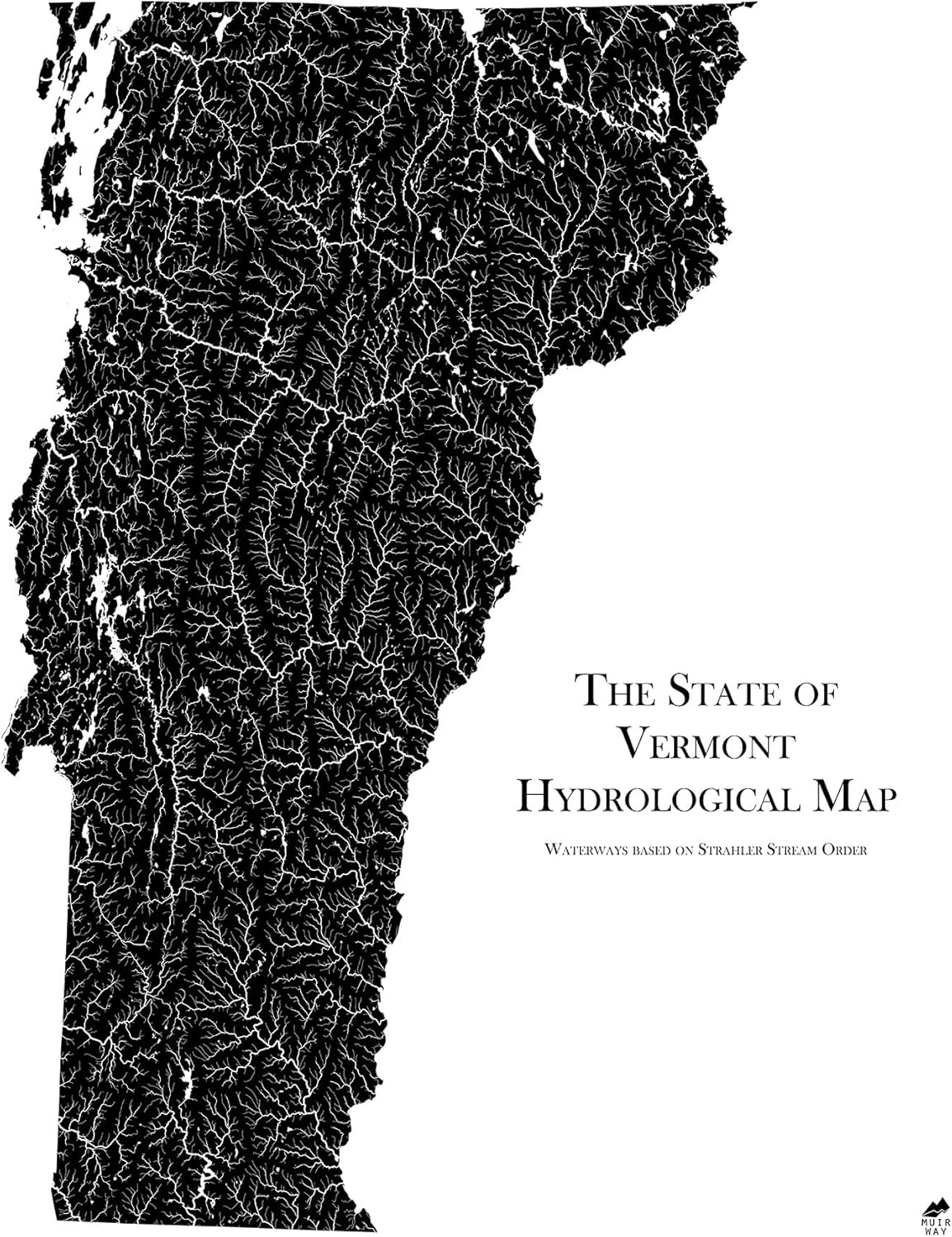 Muir Way Hydrological River Map of Vermont - Watershed Topographic Wall Art for Home, Office, or Travel Decor - Unframed Flat Paper Print, 24x30
