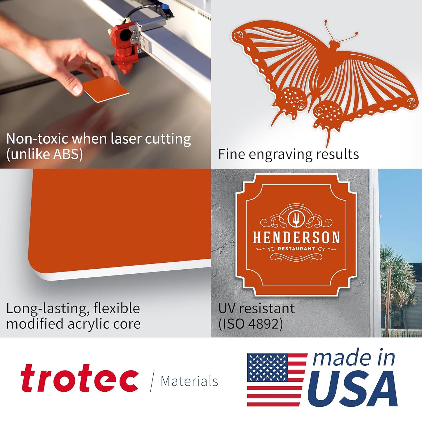 Trotec TroLase | 12"x12"x1/16", 8 Pcs | Orange/White | 2 Ply | Modified Acrylic | Laser Engraving Double Color Plastic Sheet | Engraving Blanks for Laser, Saw, Guillotine | Made in USA