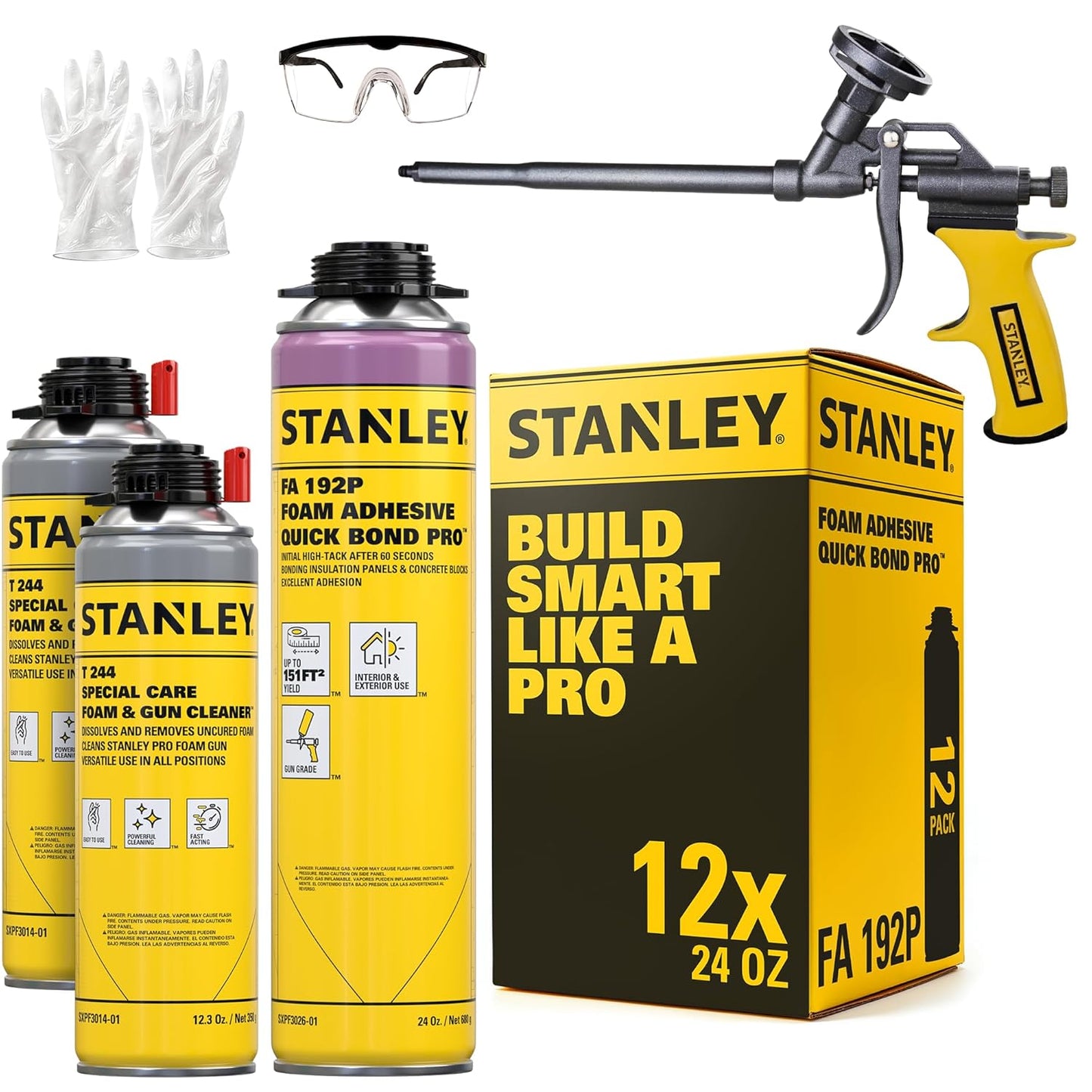 Stanley Quick Bond Adhesive Foam - 12x24oz, Reliable Bond Adhesive for Various Materials, Strong bonding, No Mixing, Gun Use, Including Gun, 2 Cleaners | 12 Pack