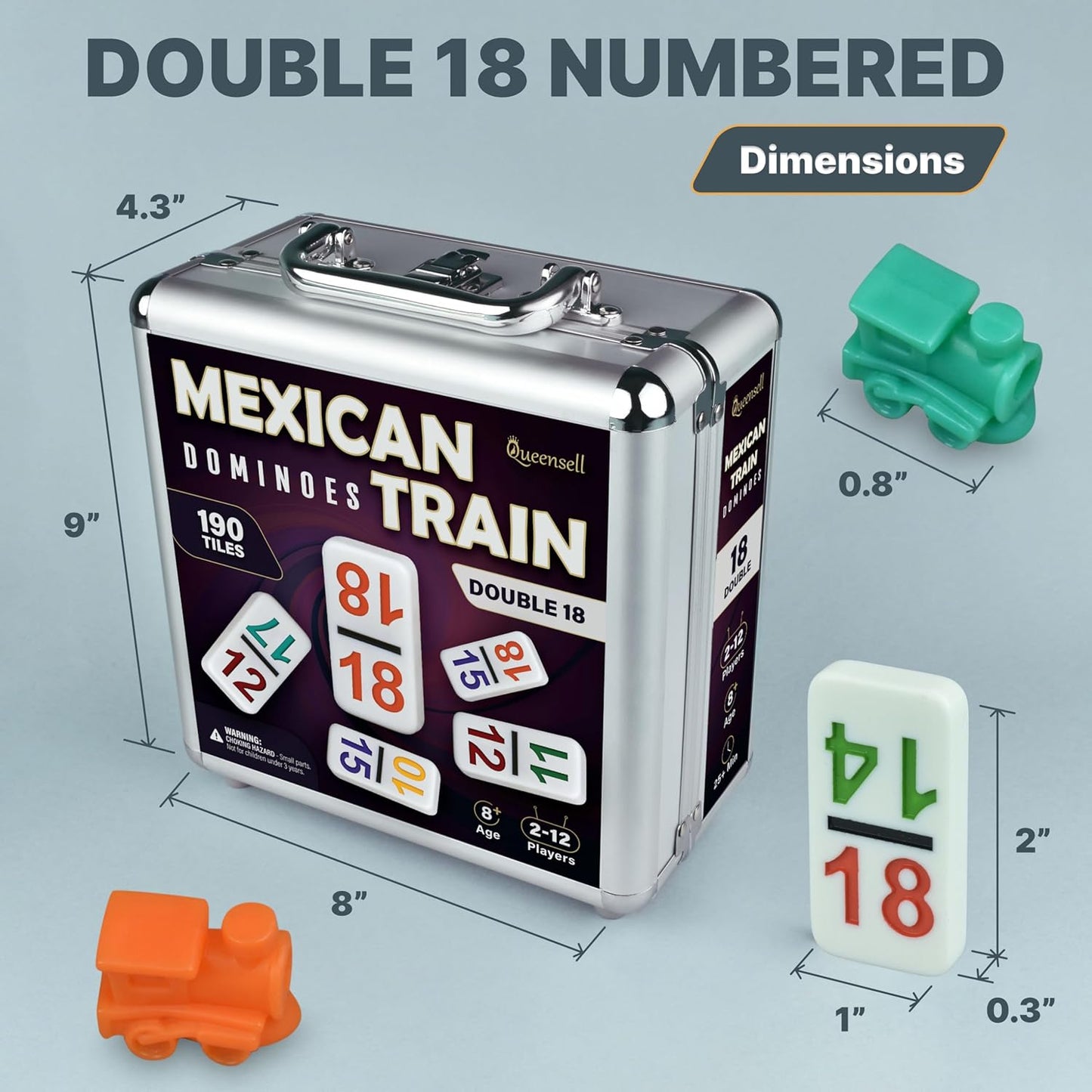 Queensell Mexican Train Dominoes Set with Numbers - Double 18 Dominos Set for Adults and Kids - Mexican Dominoes Train Game Night Games for Adults with Wooden Hub and Aluminum Case